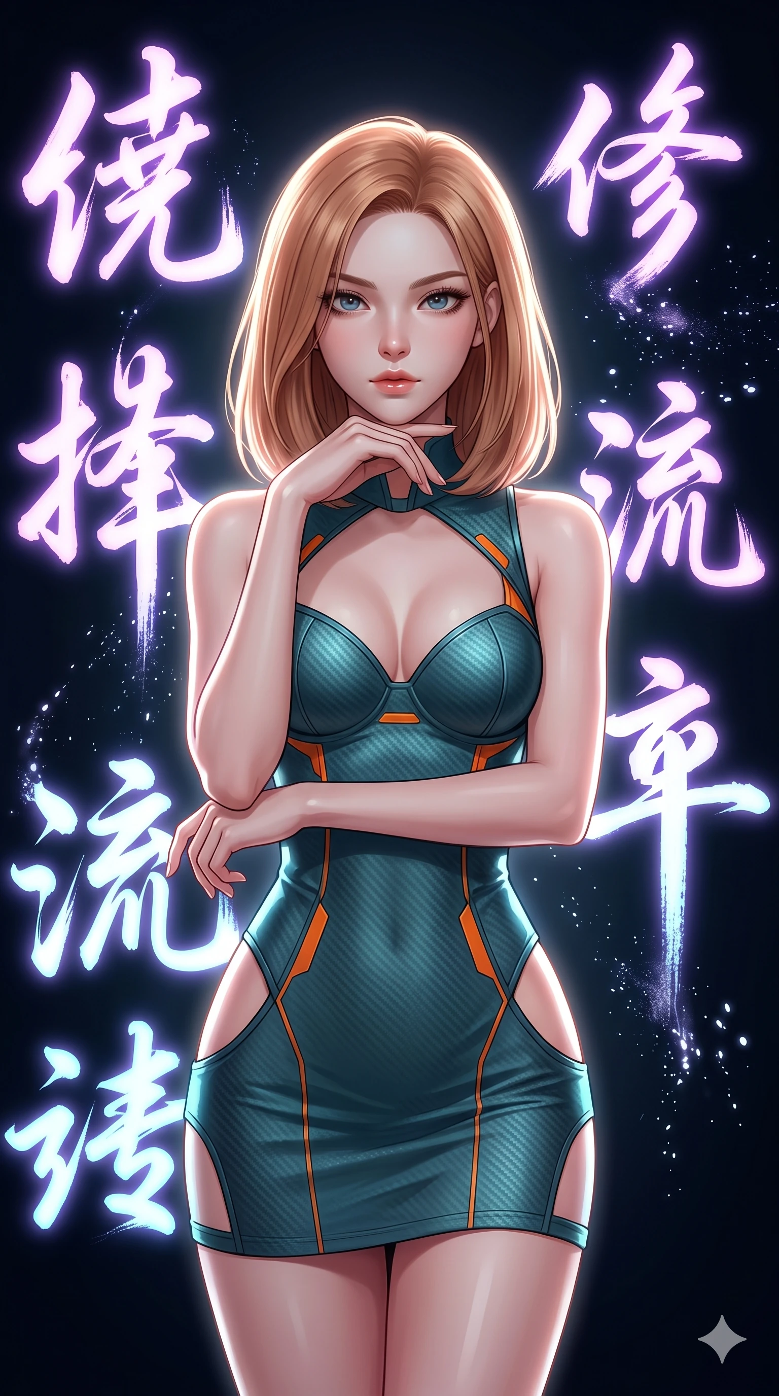 score_9, masterpiece, best quality, ultra-detailed, high-budget anime keyframe, editorial fashion photography, tasteful artistic composition, Korean woman. close-up cowboy shot from the waist and thighs up, the character dominates the composition, filling the frame with her large presence, background elements kept in soft focus. Resting her chin on the backs of her fingers in a confident pose. set against a soft-focus background of a vast dark space where massive neon-lit brushstrokes of East Asian calligraphy characters float and pulse with energy each stroke trailing luminous ink particles that dissolve into the void. She has an exceptionally elegant and slender, willowy female figure with an ultra-slim waist, a gracefully sculpted slender torso, and a refined slim physique. sharp v-shaped jawline, high-bridge nose, intricate jewel-like eyes with depth, thick eyelashes, glossy lips with a natural sheen. wearing a carbon fiber textured combat mini dress in matte teal, featuring bright orange accents, strategic hip cutouts, and sculpted cups. dramatic backlight creating a radiant halo effect around her entire silhouette. 2k, ultra detail, master piece, 9:16 ratio