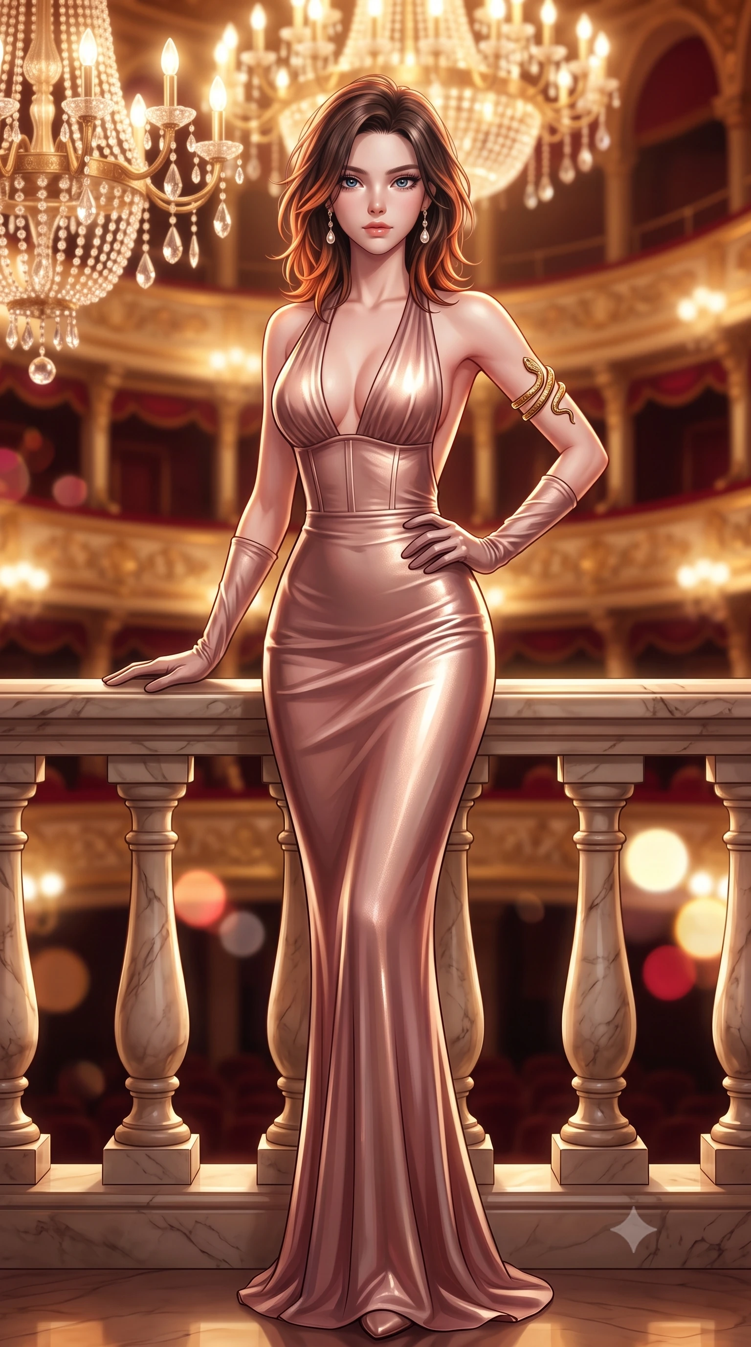 score_9, masterpiece, best quality, ultra-detailed, high-budget anime keyframe, semi-realistic 3D game render, editorial fashion photography, tasteful artistic composition, Korean woman. low angle full-body shot from head to toe showing her feet, filling the entire 9:16 vertical frame with her statuesque presence, stretching her vertical silhouette. standing poised with one hip cocked in an alluring high-fashion pose, her tall 8.5-heads proportions dominating the scene while resting one gloved hand on the polished marble railing with majestic high-society poise. The composition keeps background elements in soft focus with creamy bokeh. cascading crystal chandeliers and multi-tiered gilded theater balconies blurred into radiant diamond, ruby, and gold bokeh. She has an absolutely perfect, statuesque 8.5-heads proportion, an exceptionally tall and slender model-like female figure with impossibly long slender legs, a toned flat midriff, and an ultra-slim waist. sharp v-shaped jawline, high-bridge nose, intricate jewel-like eyes with depth, thick eyelashes, glossy lips with a natural sheen, captivating and magnetic expression, flawlessly proportioned anatomical accuracy, strict slender model proportions, natural body alignment, perfectly sculpted long slender limbs, ultra-slim waistline, clean dynamic posture without body distortion. wearing a plunging halter-neck liquid-metallic column dress with a dramatic bare spine in dusky blush rose and champagne shimmer, tailored from fluid silk crepe with delicate inner corsetry boning, accented with a sculptured gold serpent armlet and pearl drop earrings, the form-contouring material adhering flawlessly to her sculpted flat midriff and slender torso, emphasizing her long leg lines and perfectly proportioned willowy build. bathed in opulent golden chandelier illumination and rich ambient amber warmth. highly saturated vibrant anime colors, detailed shading with soft gradients, rich glossy textures, high-contrast stereoscopic depth, volumetric dynamic lighting, master piece, 9:16 ratio