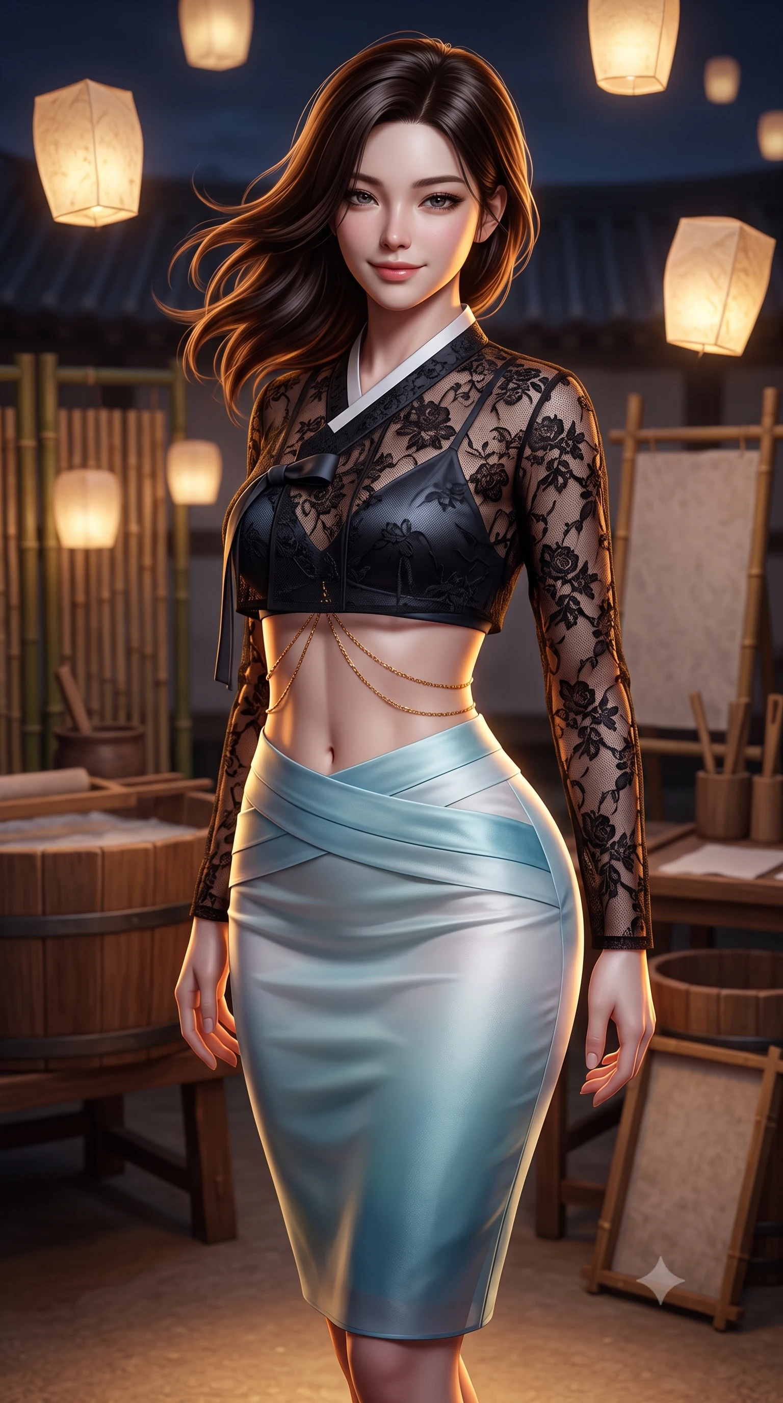 score_9, masterpiece, best quality, ultra-detailed, high-budget anime keyframe, semi-realistic 3D game render, editorial fashion photography, tasteful artistic composition, Korean woman. close-up cowboy shot from the waist and thighs up, the character dominates the composition, filling the frame with her large presence. turning slowly with a smoldering smile, her glossy dark hair tossing in the evening breeze as her hips angle gracefully in a captivating contrapposto while twisting her slender torso in an alluring contrapposto stance, floating illuminated paper lanterns casting warm parchment glow across her waist and hips. The background shows a soft-focus traditional wooden paper-making vats and bamboo screening frames softened in peaceful artisan shallow focus. She has an exceptionally elegant, slender, and willowy female figure with an ultra-slim waist, flat toned midriff, narrow ribcage, and sculpted feminine hips creating an alluring, slim hourglass silhouette without bulk. sharp v-shaped jawline, high-bridge nose, intricate jewel-like dark sparkling almond eyes with depth, thick lashes, glossy parted lips with a natural rose-plum sheen, bright alluring and coquettish smile with bedroom-eyes, exuding both timeless oriental elegance and sovereign high-fashion allure, flawlessly proportioned anatomical accuracy, strict slender model proportions, natural body alignment, perfectly sculpted long slender limbs, ultra-slim waistline, clean dynamic posture without body distortion. wearing a sheer black lace jeogori worn over an opaque dark silk bralette with an ultra-fitted high-waisted pencil skirt in pure celadon porcelain blue and cloud white, tailored from sheer gossamer silk organza with an airy weightless flutter, accented with a delicate gold body chain draping loosely across her flat midriff, the high-waisted wrap tailoring accentuating her ultra-slim waistline and the enchanting curve of her feminine hips with alluring oriental charm. illuminated by soft floor uplighting and sharp golden-amber rim lighting carving her razor-sharp jawline, narrow waist, and curvy hips. highly saturated vibrant anime colors, detailed shading with soft gradients, rich glossy textures, high-contrast stereoscopic depth, volumetric dynamic lighting, master piece, 9:16 ratio