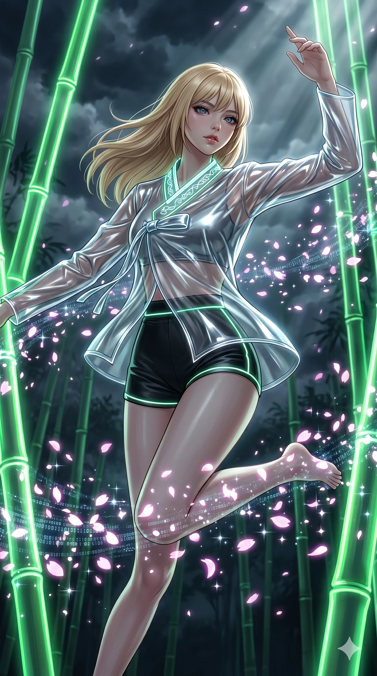 score_9, masterpiece, best quality, ultra-detailed, high-budget anime keyframe, editorial fashion photography, tasteful artistic composition, Japanese woman. upper body close-up from the thighs up, character filling the screen for maximum presence. leaping upwards into in a quiet bamboo grove where the stalks are glowing neon green tubes as digital sakura petals blizzard and sparkle around her. She has an absolutely perfect 8-heads proportion, an exceptionally tall and slender female figure with impossibly long slender legs and an ultra-slim waist. V-shaped jawline, high-bridge nose, intricate jewel-like eyes with depth, thick eyelashes, glossy lips with a natural sheen.. wearing a vinyl liquid silver fusion hanbok, featuring a translucent chrome-silver vinyl jeogori, high-waist black high-waist fitted shorts, and glowing neon wire trims with a refined V-neckline detail. bathed in dramatic god rays filtering through clouds with high specular highlights along her silhouette. 2k, ultra detail, master piece, 9:16 ratio