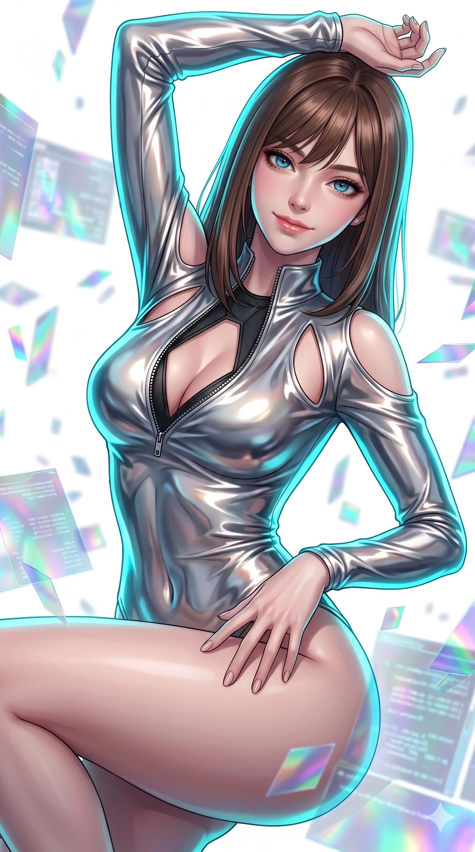 score_9, masterpiece, best quality, ultra-detailed, high-budget anime keyframe, Korean woman. Upper body close-up from the thighs up, character filling the screen for maximum presence. She is leaning back with a seductive, challenging smile amidst swirling holographic data shards in a brilliant white digital void. She stretches one arm overhead in a dynamic, fluid motion. She has an absolutely perfect 8-heads proportion, an exceptionally tall and slender female figure with impossibly long slender legs and an ultra-slim waist. V-shaped jawline, high-bridge nose, intricate jewel-like eyes with depth, thick eyelashes, glossy lips with a natural sheen. She is wearing a form-fitting top made of molten liquid-mercury fabric that clings to her curves, with strategic tear-drop shoulder cutouts and a dangerously unzipped front collar. The scene is illuminated by stark white key lights and a neon cyan rim light tracing her curves. 2k, ultra detail, master piece, 9:16 ratio