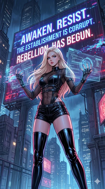score_9, masterpiece, best quality, ultra-detailed, high-budget anime movie keyframe, cinematic anime lighting, intricate line art, Japanese woman. Low angle cowboy shot capturing a powerful motion and statuesque presence. hacking a giant billboard t