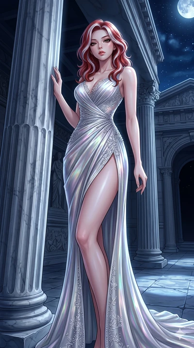 score_9, masterpiece, best quality, ultra-detailed, High-budget Anime Keyframe, East Asian woman. Low angle cowboy shot filling the entire 9:16 frame with her statuesque presence. Scenario 63: Leaning against a cold marble pillar in a moonlit greek t
