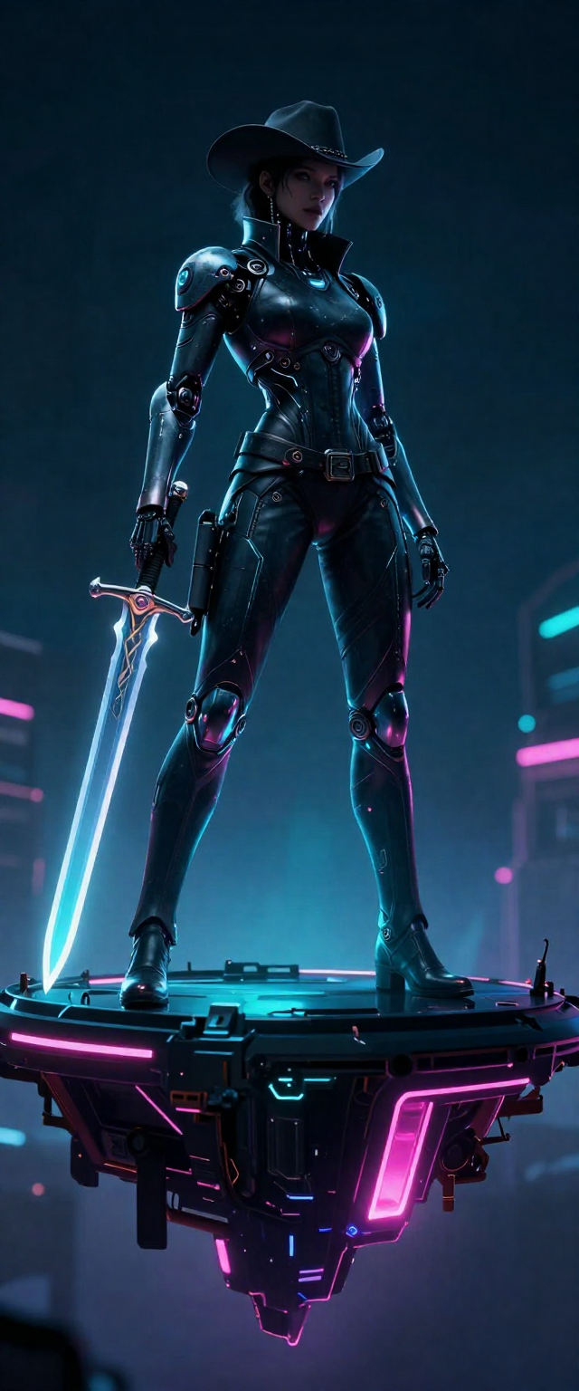 score_9, masterpiece, best quality, ultra-detailed, cyberpunk tech-fantasy aesthetic, holographic accents, dark sci-fi tone, A cybernetic swordswoman standing on a floating neon platform. low angle cowboy shot filling the 9:16 frame, 8-heads proportion, towering silhouette. bioluminescent neon reflections, high-contrast cyan and magenta low-key lighting, sharp focus, master piece, 2k, 9:16 ratio