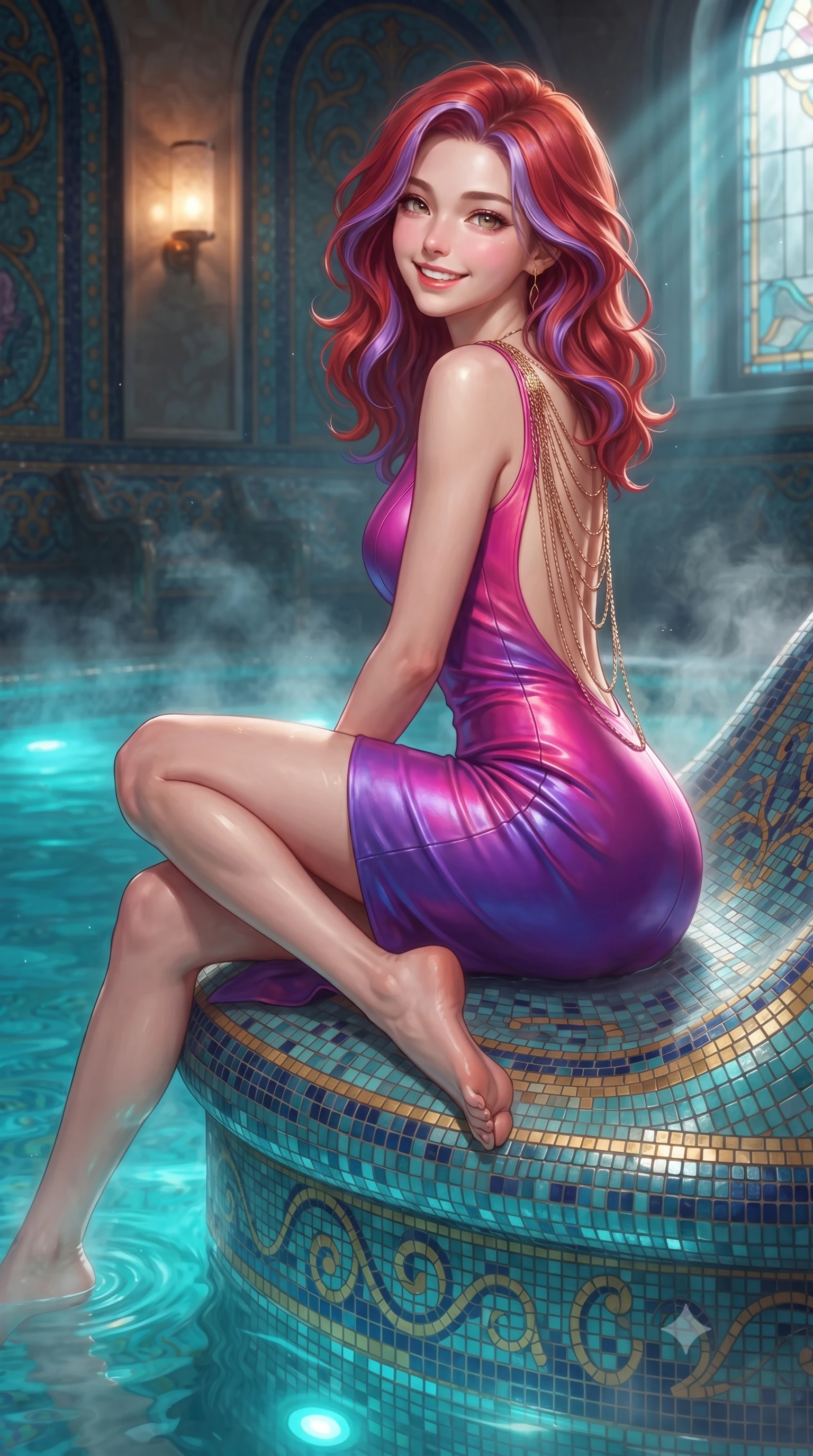 score_9, masterpiece, best quality, ultra-detailed, high-budget anime keyframe, editorial fashion photography, tasteful artistic composition, Caucasian woman. close-up cowboy shot from the waist and thighs up, the character dominates the composition, filling the frame with her large presence. perched sideways on the lounge seat, one knee drawn up to showcase her slender leg line while her arched back accentuates her feminine hip curve while lounging in the steaming water propped on the curved mosaic rim with legs extended, her statuesque 8.5-heads silhouette commanding the sanctuary. The surrounding environment is rendered in vivid detail and crisp panoramic clarity: detailed garment folds, intricate lace or tailored seams, and master Viennese tilework in razor-sharp precision. She has an exceptionally elegant, slender, and willowy female figure with an ultra-slim waist, flat toned midriff, narrow ribcage, and sculpted feminine hips creating an alluring, slim hourglass silhouette without bulk. sharp v-shaped jawline, high-bridge nose, intricate jewel-like sparkling eyes with depth, thick eyelashes, glossy parted lips with a natural peach sheen, bright cheerful beaming smile with an enchanting and coquettish sensual glint, exuding both youthful cute charm and seductive allure, flawlessly proportioned anatomical accuracy, strict slender model proportions, natural body alignment, perfectly sculpted long slender limbs, ultra-slim waistline, clean dynamic posture without body distortion. wearing an ultra-sleek stretch lambskin leather sheath dress accentuating her slim waistline in Supertree bioluminescent magenta and electric violet, crafted from bespoke double-faced cashmere with an exceptionally soft tactile finish, accented with an open-back drape framed by falling strands of delicate gold chains, the form-contouring silhouette accentuating her sculpted flat midriff, narrow delicate ribcage, and gracefully curvy hips with intoxicating allure. bathed in underwater pool turquoise LEDs combined with warm 2500K sconce glows and moonbeams through stained glass. ultra-reflective glossy finish, specular highlights, rich textural contrasts, high-contrast stereoscopic depth, volumetric dynamic lighting, 2k, ultra detail, master piece, 9:16 ratio