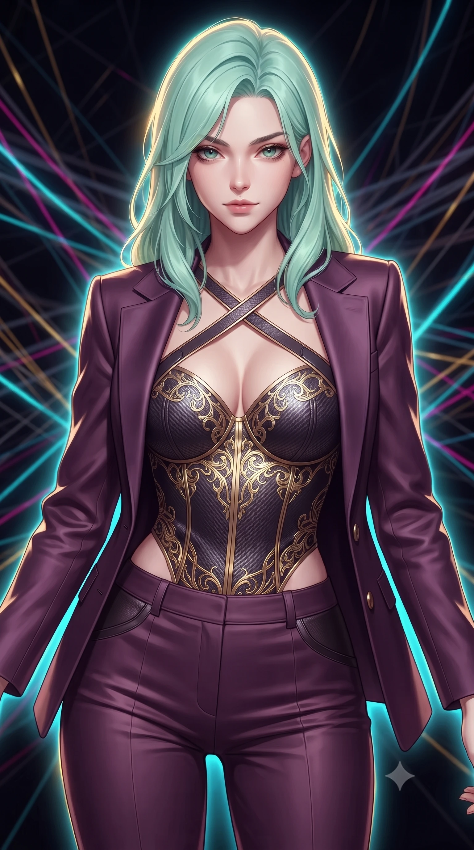score_9, masterpiece, best quality, ultra-detailed, high-budget anime keyframe, editorial fashion photography, tasteful artistic composition, Japanese woman. close-up cowboy shot from the waist and thighs up, the character dominates the composition, filling the frame with her large presence, background elements kept in soft focus. Leaning slightly forward with a composed, seductive gaze under soft glowing light standing in a dark void woven with thousands of cyan and gold light threads, fluorescent cyan, magenta, and gold light threads crossing in 3D space. She has an exceptionally elegant, slender, and willowy female figure with an ultra-slim waist, a gracefully sculpted slender torso, and a refined silhouette. sharp v-shaped jawline, high-bridge nose, intricate jewel-like eyes with depth, thick eyelashes, glossy lips with a natural sheen. wearing a tailored silk blazer over a form-contouring top and fitted slacks in plum purple and gold filigree, made of fine carbon-fiber weave and soft matte leather, complemented by criss-cross back straps highlighting her bare shoulders, the form-contouring material highlighting her ultra-slim waist and long lines. surrounded by a vibrant fluorescent aura with bright rim highlights. ultra-reflective glossy finish, specular highlights, metallic sheen, high-contrast stereoscopic depth, volumetric dynamic lighting, 2k, ultra detail, master piece, 9:16 ratio