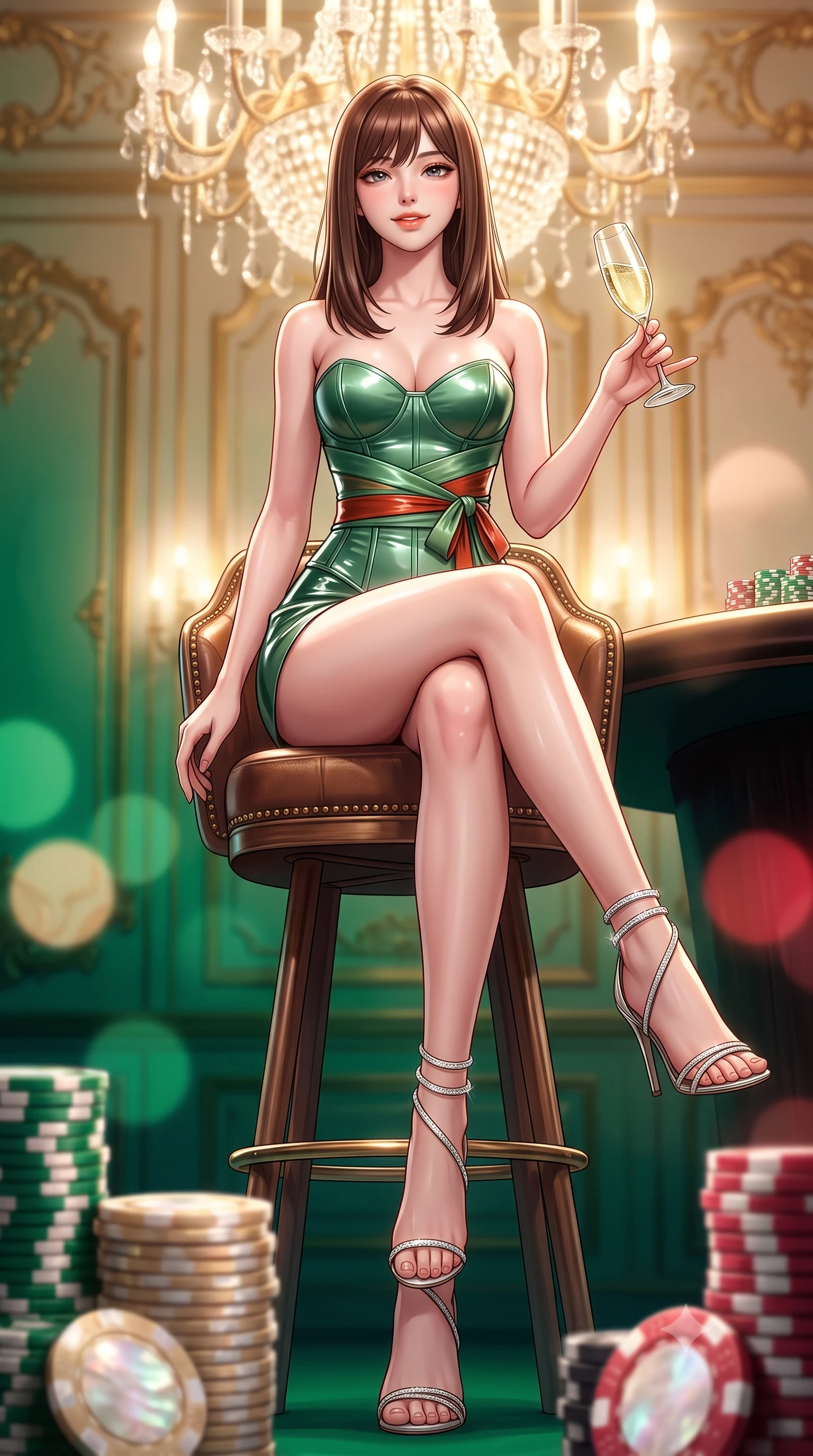 score_9, masterpiece, best quality, ultra-detailed, high-budget anime keyframe, semi-realistic 3D game render, editorial fashion photography, tasteful artistic composition, Korean woman. low angle full-body shot from head to toe showing her feet, filling the entire 9:16 vertical frame with her statuesque presence, stretching her vertical silhouette. stepping slowly toward the camera with hypnotic grace, hips swaying in an alluring sensual rhythm that accentuates her curvy hourglass silhouette and long slender legs while perched sideways on the high leather gaming stool with legs crossed, swirling a glass of Dom Pérignon with sovereign high-roller glamour. The background shows a soft-focus gilded French rococo wall moldings, massive Bohemian crystal chandeliers, and stacks of mother-of-pearl casino plaques blurred into emerald, champagne-gold, and ruby bokeh. She has an absolutely perfect, statuesque 8.5-heads proportion, an exceptionally tall and slender model-like female figure with impossibly long slender legs, an ultra-slim waist, a flat toned midriff, narrow delicate ribcage, and beautifully sculpted feminine hips creating a graceful, slim hourglass silhouette without any bulky heaviness. sharp v-shaped jawline, high-bridge nose, sparkling eyes with hypnotic seductive depth, thick curled eyelashes, glossy parted lips with a natural dewy peach sheen, alluring bedroom-eyes with an enchanting coquettish smile, exuding magnetic siren charisma and sophisticated glamour, flawlessly proportioned anatomical accuracy, strict slender model proportions, natural body alignment, perfectly sculpted long slender limbs, ultra-slim waistline, clean dynamic posture without body distortion. wearing a structured boned satin corset bodice with obi-inspired wrap ribbon cinching her ultra-slim waistline in Kyoto bamboo jade and lacquer vermilion, crafted from wet-look high-gloss vinyl fabric with dazzling specular surface reflections, complemented by strappy stiletto sandals with crystal ankle wraps accentuating her slender calves, the form-contouring silhouette accentuating her sculpted flat midriff, narrow delicate ribcage, and gracefully curvy hips with intoxicating allure. bathed in brilliant warm 2900K crystal chandelier light spilling from towering ceilings mixed with focused table downlights. highly saturated vibrant anime colors, detailed shading with soft gradients, rich glossy textures, high-contrast stereoscopic depth, volumetric dynamic lighting, master piece, 9:16 ratio
