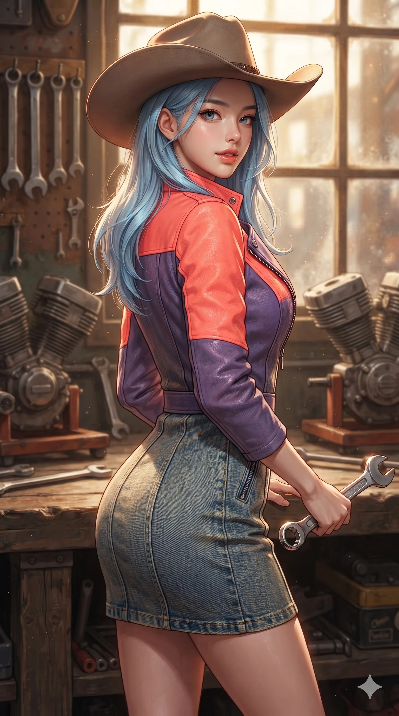 score_9, masterpiece, best quality, ultra-detailed, high-budget anime keyframe, editorial fashion photography, tasteful artistic composition, Korean woman. close-up cowboy shot from the waist and thighs up, the character dominates the composition, filling the frame with her large presence. posing in an alluring rear three-quarter angle, looking over a bare shoulder with parted glossy lips, her hips cocked back to highlight her slim hourglass curve while leaning against a heavy-duty timber workbench holding a chrome wrench, hips cocked back as directional sunbeams carve specular highlights along her silhouette. The background shows a soft-focus hanging wrenches, motorcycle engine blocks on stands, and dusty window panes blurred into rust, brass, and golden ochre bokeh. She has an exceptionally elegant, slender, and willowy female figure with an ultra-slim waist, flat toned midriff, narrow ribcage, and sculpted feminine hips creating an alluring, slim hourglass silhouette without bulk. sharp v-shaped jawline, high-bridge nose, sparkling eyes with hypnotic seductive depth, thick curled eyelashes, glossy parted lips with a natural dewy peach sheen, alluring bedroom-eyes with an enchanting coquettish smile, exuding magnetic siren charisma and sophisticated glamour, flawlessly proportioned anatomical accuracy, strict slender model proportions, natural body alignment, perfectly sculpted long slender limbs, ultra-slim waistline, clean dynamic posture without body distortion. wearing a structured double-breasted desert moto-coat dress with asymmetrical zipper and stand collar in blazing neon coral and desert twilight violet, woven from bespoke sun-bleached selvedge denim with rich tactile slub texture, finished with a wide-brimmed felt cowboy hat tipped back to frame her face and long glossy hair, the impeccably tailored cut draping gracefully along her slender figure with aristocratic western poise. illuminated by polished metal tool bounce and sharp amber-gold rim lights defining her razor-sharp jawline, narrow waist, and curvy hips. ultra-reflective glossy finish, specular highlights, rich textural contrasts, high-contrast stereoscopic depth, volumetric dynamic lighting, 2k, ultra detail, master piece, 9:16 ratio