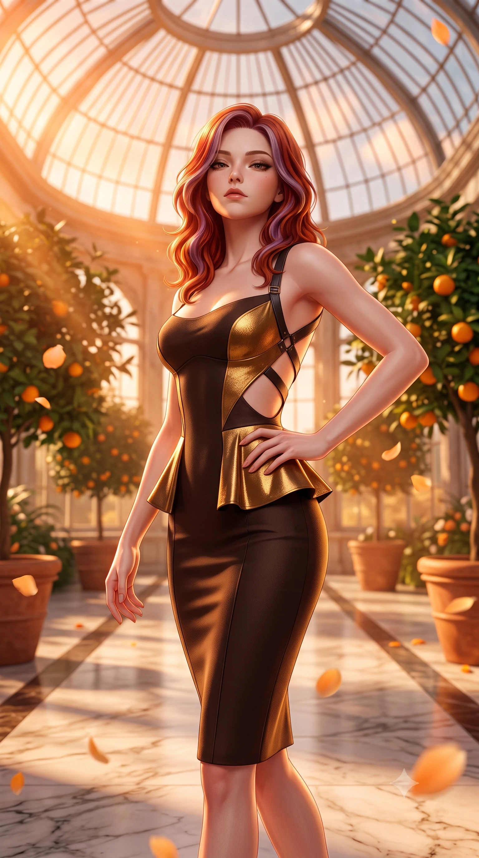 score_9, masterpiece, best quality, ultra-detailed, high-budget anime keyframe, semi-realistic 3D game render, editorial fashion photography, tasteful artistic composition, Caucasian woman. close-up cowboy shot from the waist and thighs up, the character dominates the composition, filling the frame with her large presence. tilting her chin up with proud, sovereign allure while gazing through thick eyelashes, one hand resting on her waist in pure supermodel charisma while striding gracefully down the grand marble aisle of the monumental baroque glasshouse between giant potted citrus trees, arching her spine with imperial elegance. The composition keeps background elements in soft focus with creamy bokeh. sunbeams pouring through glass panes and orange blossom petals softened in elegant Austrian shallow focus. She has an exceptionally elegant, slender, and willowy female figure with an ultra-slim waist, flat toned midriff, narrow ribcage, and sculpted feminine hips creating an alluring, slim hourglass silhouette without bulk. sharp v-shaped jawline, high-bridge nose, intricate jewel-like eyes with depth, thick eyelashes, glossy parted lips with a natural sheen, intensely captivating and seductive bedroom-eyes expression, flawlessly proportioned anatomical accuracy, strict slender model proportions, natural body alignment, perfectly sculpted long slender limbs, ultra-slim waistline, clean dynamic posture without body distortion. wearing a modern peplum corset dress with side-waist diamond cutouts and an ultra-tight silhouette in dark espresso brown and molten gold foil, tailored from water-resistant treated wool gabardine and flexible stretch silk, featuring an open-back criss-cross harness strap in dark leather, the form-contouring material adhering flawlessly to her sculpted flat midriff and slender torso, emphasizing her long leg lines and perfectly proportioned willowy build. illuminated by warm marble floor bounce light contouring her sculpted collarbones, ultra-slim waist, and curvy hips. highly saturated vibrant anime colors, detailed shading with soft gradients, rich glossy textures, high-contrast stereoscopic depth, volumetric dynamic lighting, master piece, 9:16 ratio