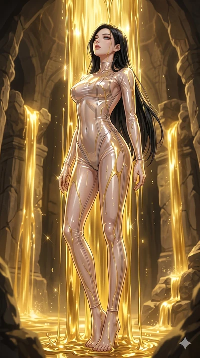score_9, masterpiece, best quality, ultra-detailed, High-budget Anime Keyframe, East Asian woman. Low angle cowboy shot filling the entire 9:16 frame with her statuesque presence. Scenario 139: Standing under a waterfall of liquid gold, the fluid coa