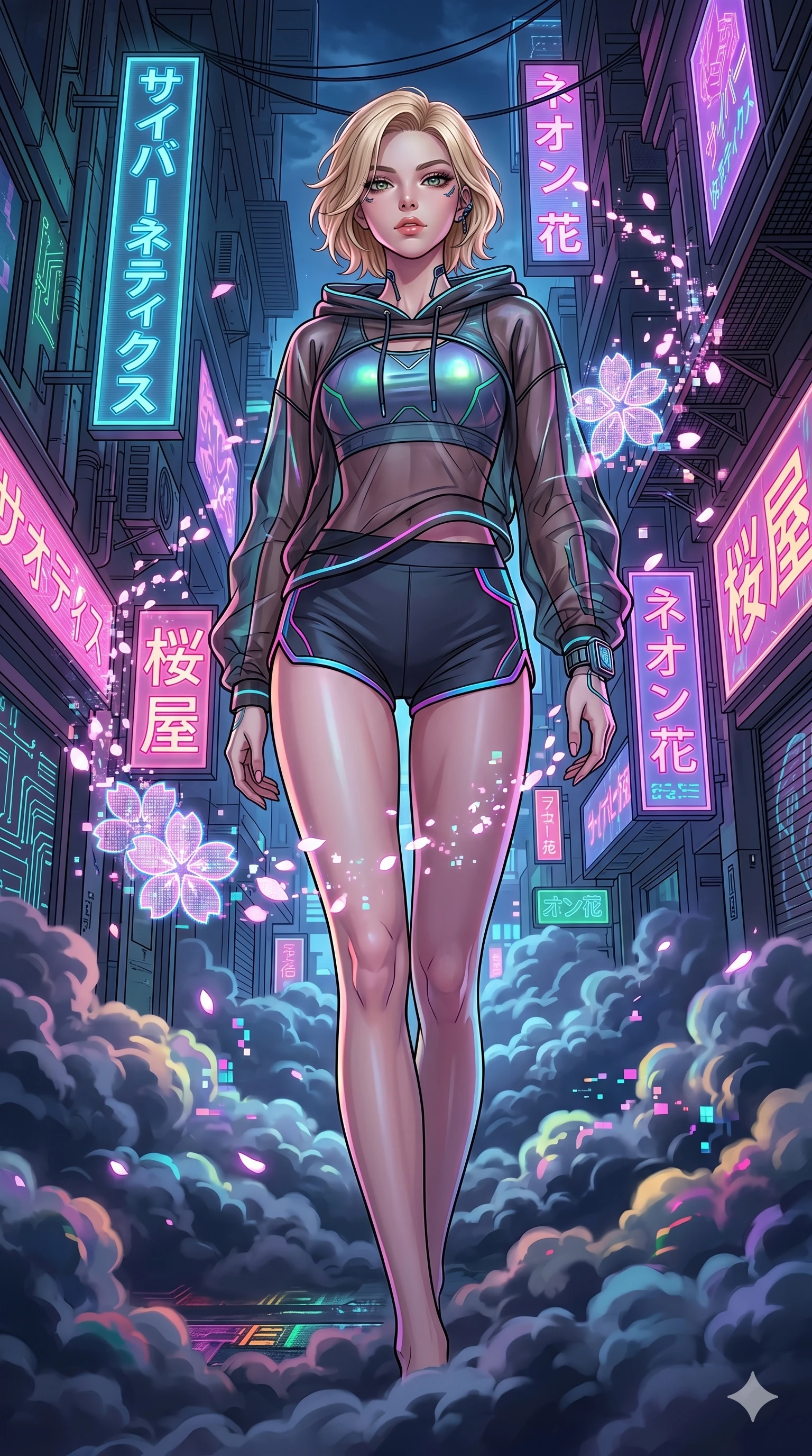 score_9, masterpiece, best quality, ultra-detailed, high-budget anime movie keyframe, cinematic anime lighting, intricate line art, Japanese woman. Low angle cowboy shot filling the entire 9:16 frame with her statuesque presence. navigating a sea of clouds in a neon-lit cyberpunk alleyway with digital sakura petals. She has an absolutely perfect 8-heads proportion, an exceptionally tall and slender female figure with an ultra-slim waist and impossibly long slender legs. sharp v-shaped jawline, high-bridge nose, intricate jewel-like eyes, thick eyelashes, glossy lips. Wearing premium athleisure set with a metallic-finish compression top, high-cut yoga shorts that accentuate her long legs, and a sheer oversized hoodie. The scene is illuminated by dramatic atmospheric lighting and vibrant color palettes. , 2k, ultra detail, master piece, 9:16 ratio