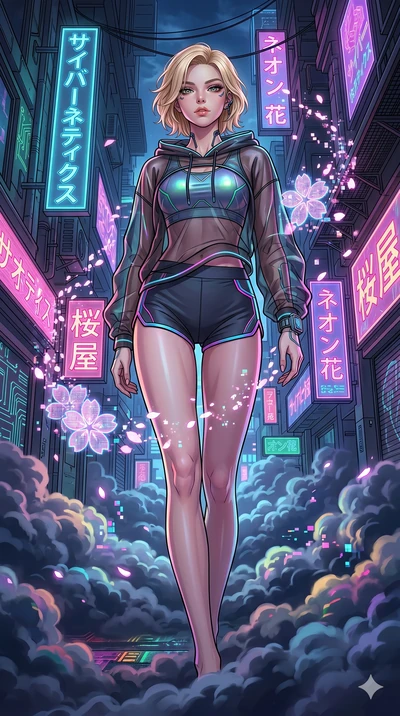 score_9, masterpiece, best quality, ultra-detailed, high-budget anime movie keyframe, cinematic anime lighting, intricate line art, Japanese woman. Low angle cowboy shot filling the entire 9:16 frame with her statuesque presence. navigating a sea of 
