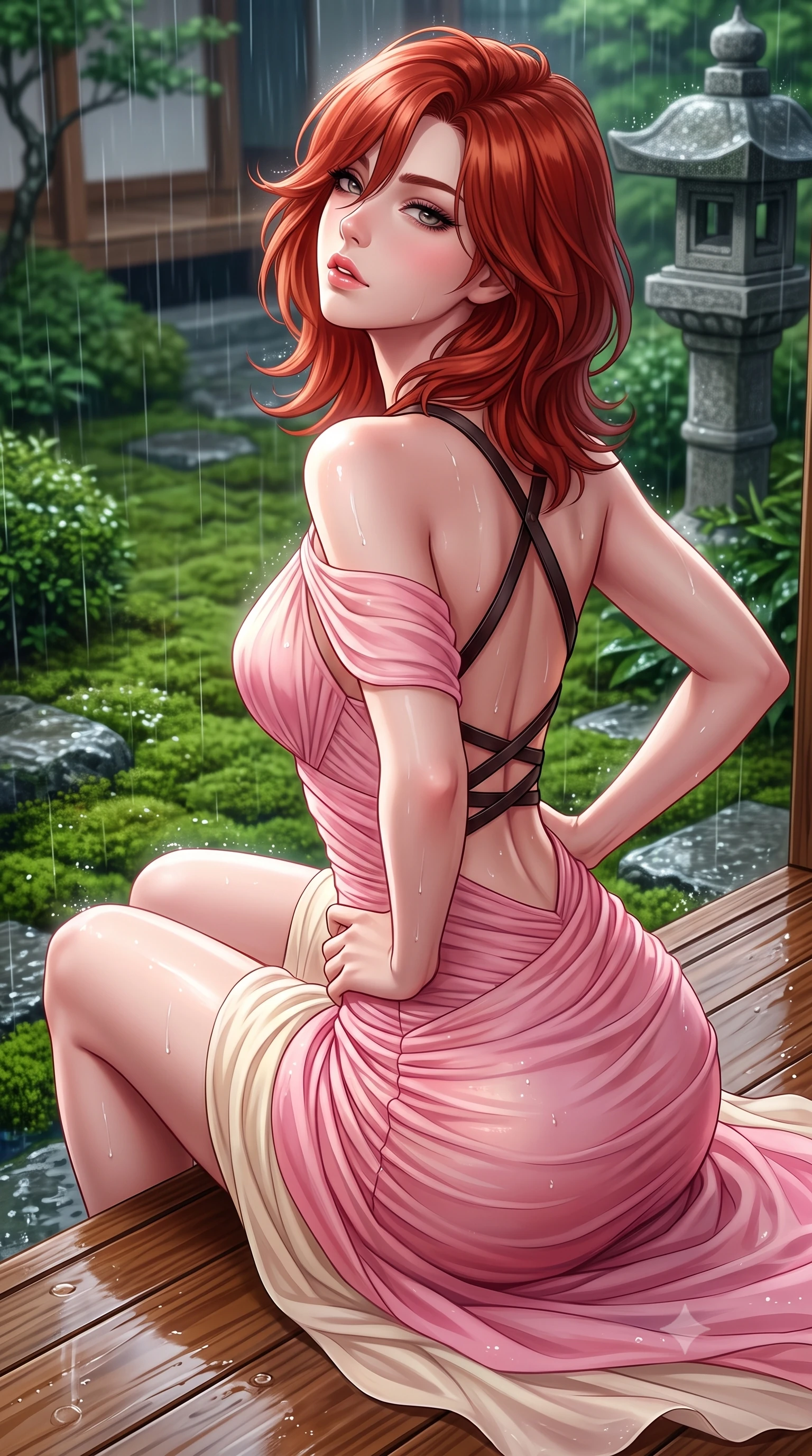 score_9, masterpiece, best quality, ultra-detailed, high-budget anime keyframe, semi-realistic 3D game render, editorial fashion photography, tasteful artistic composition, Korean woman. close-up cowboy shot from the waist and thighs up, the character dominates the composition, filling the frame with her large presence. tilting her chin up with proud, sovereign allure while gazing through thick eyelashes, one hand resting on her waist in pure supermodel charisma while perching on the smooth cedar engawa veranda with knees drawn up, looking back over her shoulder as gentle rain taps the moss garden. The surrounding environment is rendered in vivid detail and crisp panoramic clarity. sharp wet cedar wood grain, distinct raindrop beads on moss, and stone lantern textures in deep focus. She has an exceptionally elegant, slender, and willowy female figure with an ultra-slim waist, flat toned midriff, narrow ribcage, and sculpted feminine hips creating an alluring, slim hourglass silhouette without bulk. sharp v-shaped jawline, high-bridge nose, intricate jewel-like eyes with depth, thick eyelashes, glossy parted lips with a natural sheen, intensely captivating and seductive bedroom-eyes expression, flawlessly proportioned anatomical accuracy, strict slender model proportions, natural body alignment, perfectly sculpted long slender limbs, ultra-slim waistline, clean dynamic posture without body distortion. wearing a form-contouring cocktail dress with an asymmetrical open shoulder and hip-defining ruching in sakura blossom pink and warm ivory, woven from layered gossamer chiffon with a weightless sweeping drape, featuring an open-back criss-cross harness strap in dark leather, the second-skin form-contouring cut accentuating her sculpted flat midriff, narrow delicate ribcage, and gracefully curvy hips with supermodel precision. illuminated by wet specular highlights accentuating her slender neckline, sculpted waist, and rounded hips. highly saturated vibrant anime colors, detailed shading with soft gradients, rich glossy textures, high-contrast stereoscopic depth, volumetric dynamic lighting, master piece, 9:16 ratio