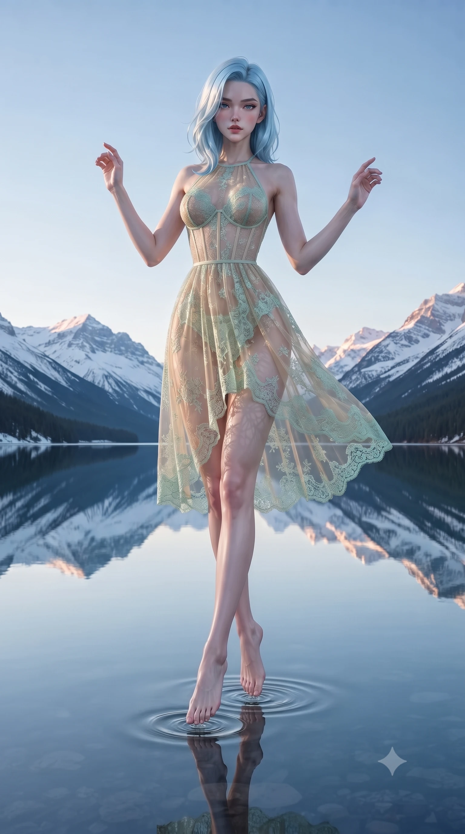 score_9, masterpiece, best quality, ultra-detailed, high-budget anime keyframe, editorial fashion photography, tasteful artistic composition, Korean woman. low angle full-body shot from head to toe showing her feet, filling the entire 9:16 vertical frame with her statuesque presence, stretching her vertical silhouette. floating with ethereal lightness within a perfectly still glacial lake at dawn reflecting snow-capped mountains in absolute mirror perfection with the water surface so calm the reflection is indistinguishable from reality creating a vertically symmetrical world. She has a statuesque 8.5-heads proportion, an exceptionally tall, slender and willowy model-like build with impossibly long legs and a highly sculpted ultra-slim waist. sharp v-shaped jawline, high-bridge nose, intricate jewel-like eyes with depth, thick eyelashes, glossy lips with a natural sheen. wearing a semi-transparent halter dress in champagne gold, featuring a mint green lace overlay and a visible structured corset. cold silver moonlight filtered through translucent gossamer curtains casting delicate shadows. 2k, ultra detail, master piece, 9:16 ratio