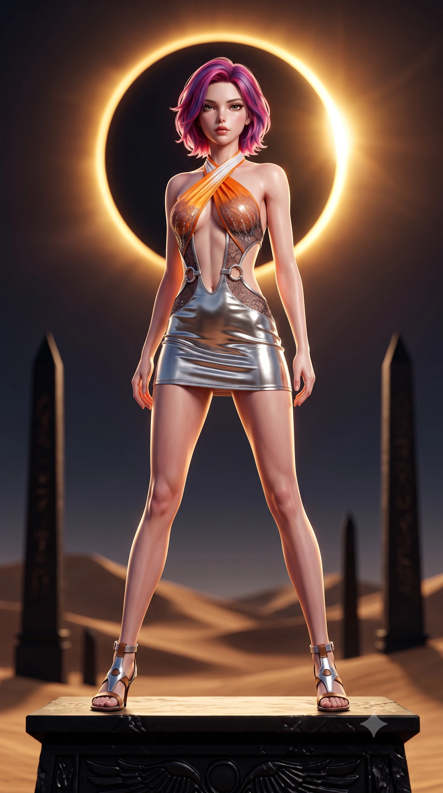 score_9, masterpiece, best quality, ultra-detailed, high-budget anime keyframe, semi-realistic 3D game render, editorial fashion photography, tasteful artistic composition, Caucasian woman. low angle full-body shot from head to toe showing her feet, filling the entire 9:16 vertical frame with her statuesque presence, stretching her vertical silhouette. pivoting dynamically in mid-motion with a breathtakingly alluring posture, displaying her flawless model proportions and ultra-slim waist while standing with sovereign authority atop a black obsidian temple altar as a total solar eclipse crowns the sky in a golden ring. The composition keeps background elements in soft focus with creamy bokeh. distant desert dunes and obsidian temple obelisks softened by atmospheric shallow focus. She has an absolutely perfect, statuesque 8.5-heads proportion, an exceptionally tall and slender model-like female figure with impossibly long slender legs, a toned flat midriff, and an ultra-slim waist. sharp v-shaped jawline, high-bridge nose, intricate jewel-like eyes with depth, thick eyelashes, glossy lips with a natural sheen, flawlessly proportioned anatomical accuracy, strict slender model proportions, natural body alignment, perfectly sculpted long slender limbs, ultra-slim waistline, clean dynamic posture without body distortion. wearing a molten silver liquid-metal mini dress featuring deep side-waist cutouts and a daring crossover halter neckline in vivid sunset amber orange and cloud white, crafted from delicate dark lace interwoven with luminescent micro-fibers, detailed with polished silver rings connecting the daring side-waist cutouts, the form-contouring material adhering flawlessly to her sculpted flat midriff and slender torso, emphasizing her long leg lines and perfectly proportioned willowy build. bathed in blazing golden-white solar corona backlighting with deep obsidian shadow contrast. highly saturated vibrant anime colors, detailed shading with soft gradients, rich glossy textures, high-contrast stereoscopic depth, volumetric dynamic lighting, master piece, 9:16 ratio
