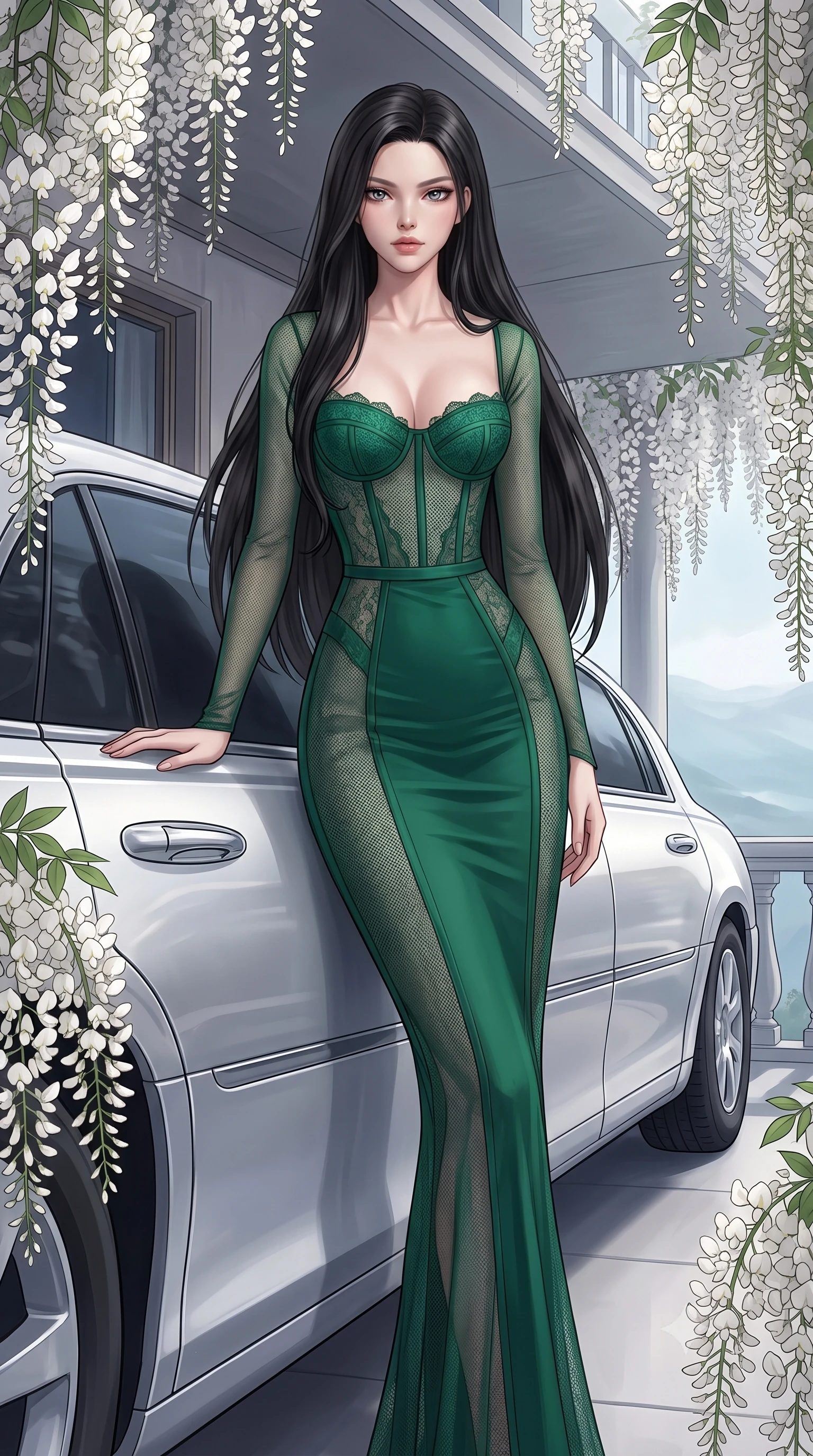 score_9, masterpiece, best quality, ultra-detailed, High-budget Anime Keyframe, East Asian woman. Low angle cowboy shot filling the entire 9:16 frame with her statuesque presence. Scenario 444: leaning against a sleek white hover-limousine by a quiet balcony surrounded by trailing white wisteria flowers. Her presence is magnetic and overpowering in this high-budget anime scene. Outfit 444: a slim-fit emerald green micro-mesh lace corset dress with sheer sleeves and opaque panels. The clothing is designed to emphasize her exceptionally tall and slender 8-heads proportion. 8-heads proportion, towering silhouette, ultra-slim waist. sharp v-shaped jawline, intricate jewel-like eyes with depth, thick eyelashes, glossy lips. 2k, ultra detail, master piece, 9:16 ratio