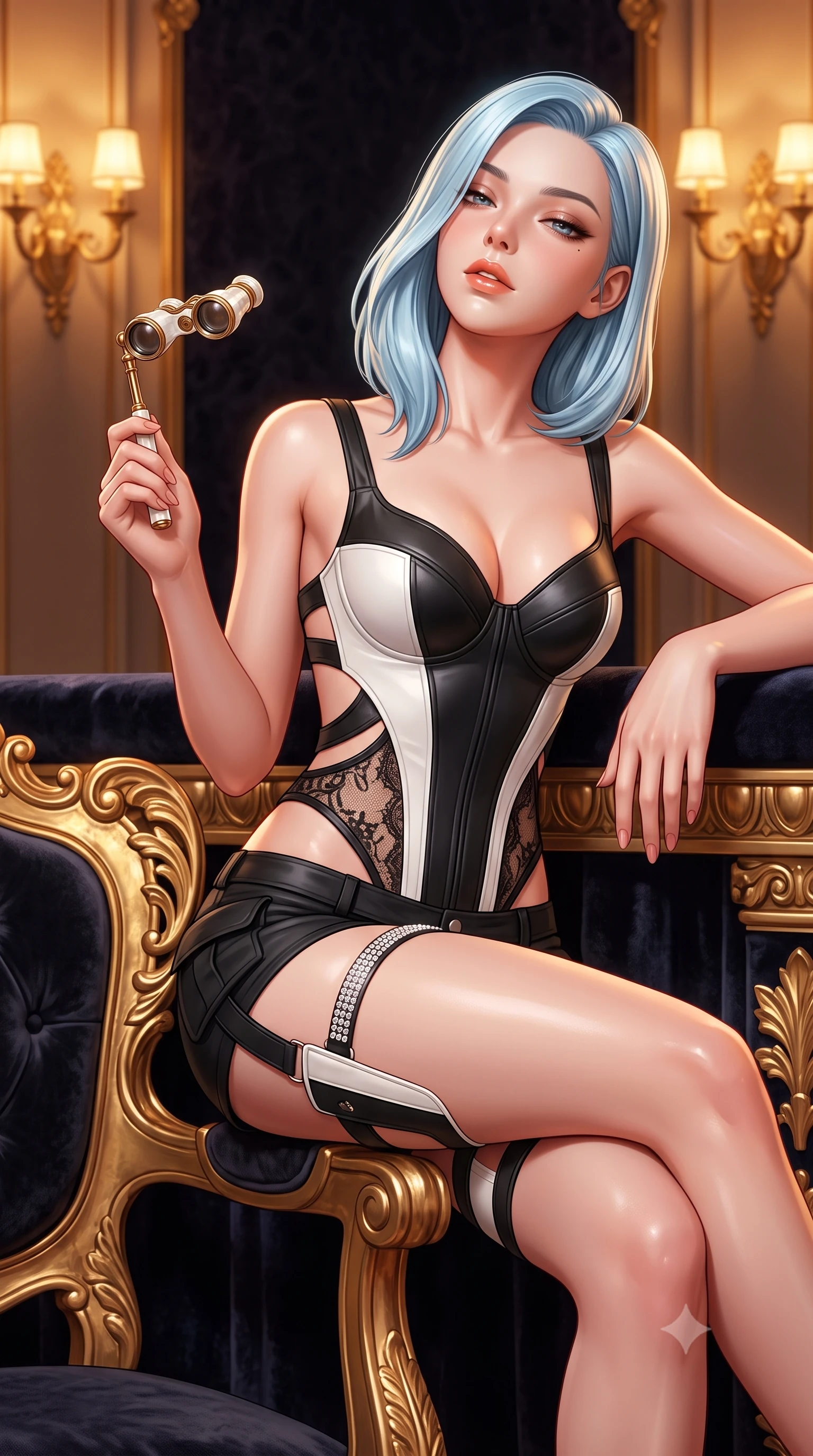 score_9, masterpiece, best quality, ultra-detailed, high-budget anime keyframe, semi-realistic 3D game render, editorial fashion photography, tasteful artistic composition, Korean woman. close-up cowboy shot from the waist and thighs up, the character dominates the composition, filling the frame with her large presence. leaning back against the balustrade with relaxed seductive grace, head tilted back slightly while casting a hypnotic, heavy-lidded gaze while sitting perched on the arm of the gilded baroque chair, holding an antique pearl opera glass with effortless coquettish charm. The surrounding environment is rendered in vivid detail and crisp panoramic clarity: sharp deep-pile velvet fabric texture, gilded wood relief carvings, and mother-of-pearl opera glass clarity in deep focus. She has an exceptionally elegant, slender, and willowy female figure with an ultra-slim waist, flat toned midriff, narrow ribcage, and sculpted feminine hips creating an alluring, slim hourglass silhouette without bulk. sharp v-shaped jawline, high-bridge nose, sparkling eyes with hypnotic seductive depth, thick curled eyelashes, glossy parted lips with a natural dewy peach sheen, alluring bedroom-eyes with an enchanting coquettish smile, exuding magnetic siren charisma and sophisticated glamour, flawlessly proportioned anatomical accuracy, strict slender model proportions, natural body alignment, perfectly sculpted long slender limbs, ultra-slim waistline, clean dynamic posture without body distortion. wearing a structured boned tactical leatherette corset bodice paired with low-rise cargo hot-pants and thigh holster straps in high-contrast monochrome black and optic white, made of delicate semi-sheer French Chantilly lace with intricate eyelash edges, finished with delicate crystal-encrusted thigh garter straps glinting under the lights, the precision-cut side openings and low-back scoop framing her graceful spine and the sensual sweep of her slim, toned hips. bathed in warm amber light spilling from gilded sconces mixed with stage illumination bounce. highly saturated vibrant anime colors, detailed shading with soft gradients, rich glossy textures, high-contrast stereoscopic depth, volumetric dynamic lighting, master piece, 9:16 ratio