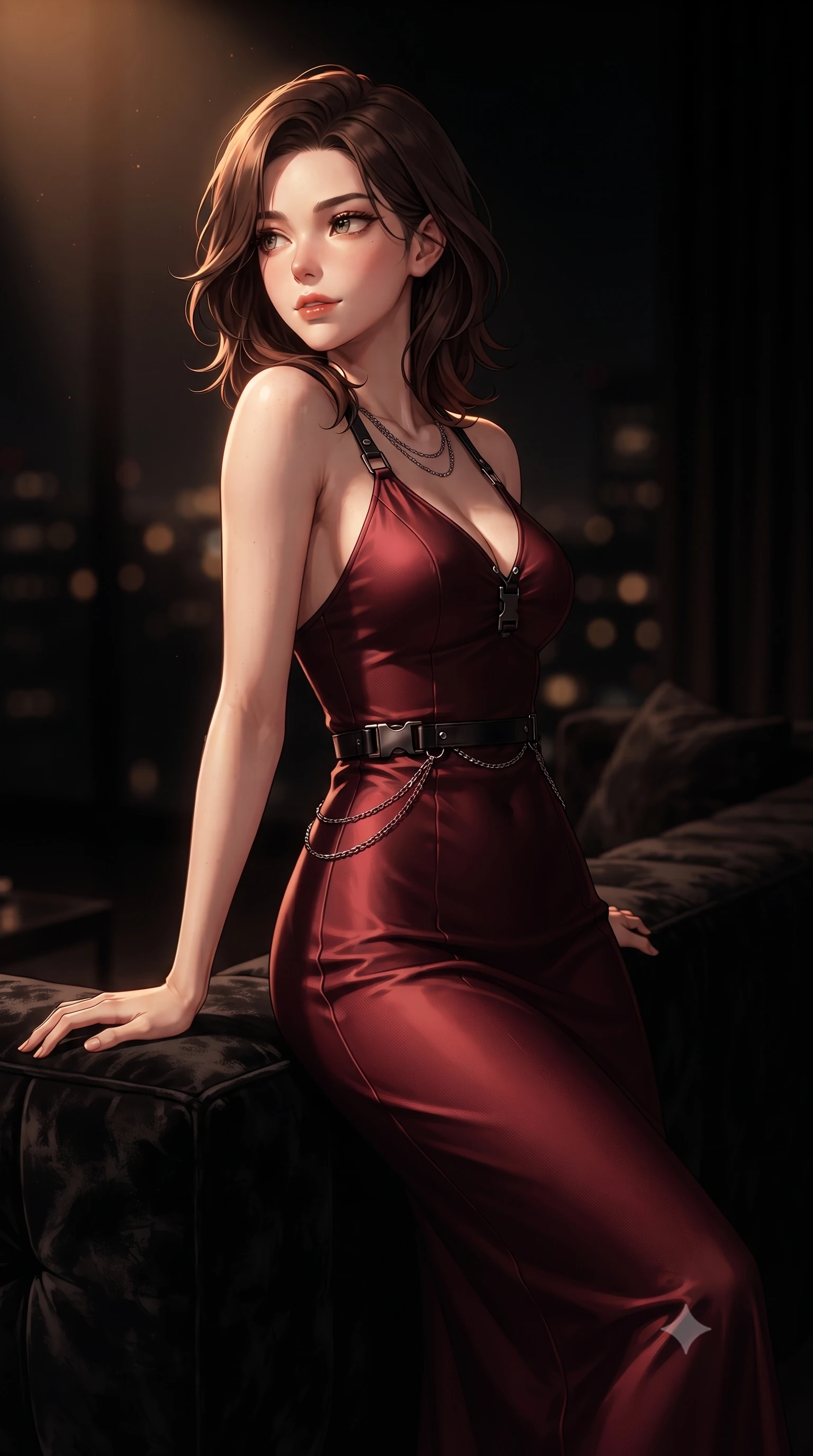score_9, masterpiece, best quality, ultra-detailed, high-budget anime keyframe, editorial fashion photography, tasteful artistic composition, Korean woman. close-up cowboy shot from the waist and thighs up, the character dominates the composition, filling the frame with her large presence, background elements kept in soft focus. Glancing sidelong over her shoulder with a smoldering, enigmatic half-smile, leaning against a plush crushed black velvet lounge sofa in a shadowy penthouse, distant city lights forming soft dark amber bokeh circles in the background. She has an exceptionally elegant, slender, and willowy female figure with an ultra-slim waist, a gracefully sculpted slender torso, and a refined silhouette. sharp v-shaped jawline, high-bridge nose, intricate jewel-like eyes with depth, thick eyelashes, glossy lips with a natural sheen. wearing form-contouring dark crimson liquid silk long slip dress in deep crimson burgundy, made of matte carbon-fiber weave, framed by dark titanium buckles and silver chain details, following her slender form with tailored precision. bathed in warm amber spotlight against deep pitch-black velvet shadows. highly saturated vibrant anime colors, detailed shading with soft gradients, rich glossy textures, high-contrast stereoscopic depth, volumetric dynamic lighting, master piece, 9:16 ratio