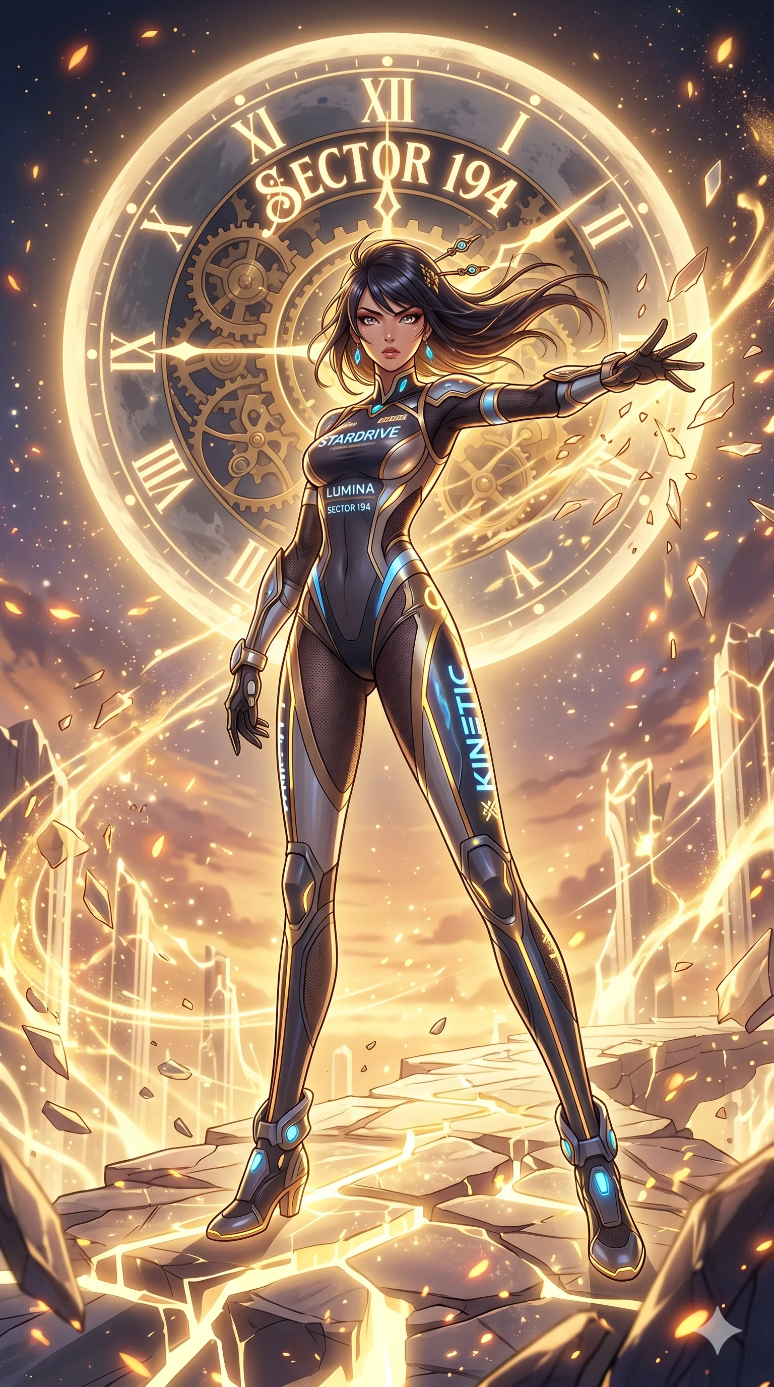 score_9, masterpiece, best quality, ultra-detailed, Set A: High-budget Anime Keyframe, Japanese woman. Low angle cowboy shot filling the entire 9:16 frame with her statuesque presence. Theme: Ethereal Dream. shattering the fabric of reality in a temple made of solid light, with a massive clockwork moon ticking behind her as sector 194. The atmosphere is filled with golden hour with floating embers. She has an absolutely perfect 8-heads proportion, an exceptionally tall and slender female figure with impossibly long slender legs and an ultra-slim waist. Sharp v-shaped jawline, high-bridge nose, intricate jewel-like eyes with depth, glossy lips. Wearing High-cut racing bodysuit with glowing sponsor-logos and sleek aerodynamic lines. Cinematic lighting, vivid colors, dramatic shadows, 2k, ultra detail, master piece, 9:16 ratio