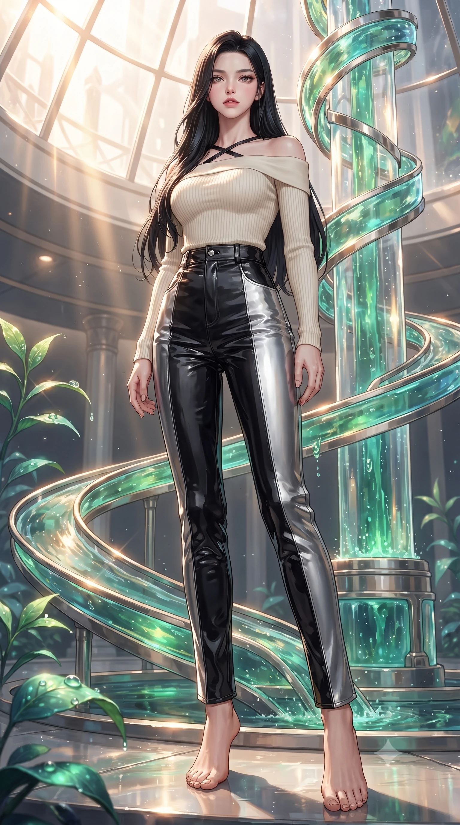 score_9, masterpiece, best quality, ultra-detailed, high-budget anime keyframe, editorial fashion photography, tasteful artistic composition, Korean woman. low angle full-body shot from head to toe showing her feet, filling the entire 9:16 vertical frame with her statuesque presence, stretching her vertical silhouette. navigating the luminous space with effortless poise, displaying her perfect model proportions standing by a hydro-flow spiral fountain flowing with bioluminescent emerald sap, dewdrops on bioluminescent leaves reflecting vibrant emerald and gold. She has an absolutely perfect, statuesque 8.5-heads proportion, an exceptionally tall and slender model-like female figure with impossibly long slender legs and an ultra-slim waist. sharp v-shaped jawline, high-bridge nose, intricate jewel-like eyes with depth, thick eyelashes, glossy lips with a natural sheen. wearing a sleek off-shoulder ribbed knit top paired with high-waist tailored pants in matte black and polished silver, tailored from high-gloss patent leather, complemented by criss-cross back straps highlighting her bare shoulders, the glove-like fit emphasizing her statuesque silhouette. lit by warm golden-hour rays cascading through crystalline glass panes. ultra-reflective glossy finish, specular highlights, metallic sheen, high-contrast stereoscopic depth, volumetric dynamic lighting, 2k, ultra detail, master piece, 9:16 ratio