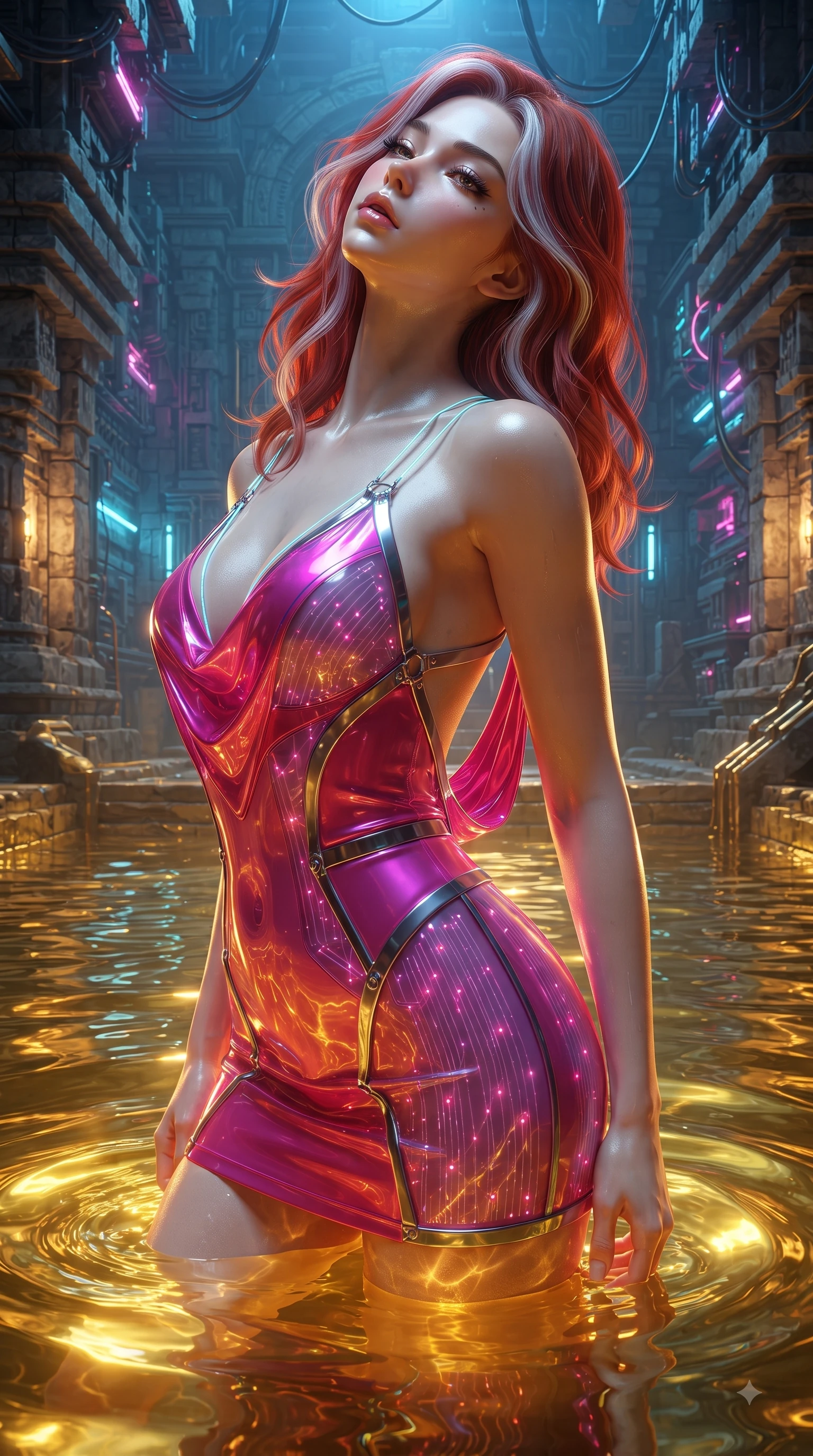 score_9, masterpiece, best quality, ultra-detailed, high-budget anime keyframe, editorial fashion photography, tasteful artistic composition, Caucasian woman. close-up cowboy shot from the waist and thighs up, the character dominates the composition, filling the frame with her large presence. tilting her head back with a sensual alluring expression, exposing her throat and shoulders to the camera with heavy lashes and softly parted glossy lips while standing waist-deep in a glowing liquid gold reservoir as golden light ripples across her torso. The surrounding environment is rendered in vivid detail and crisp panoramic clarity. rich chiaroscuro lighting and intricate cyber-temple architectural textures rendered in panoramic clarity. She has an exceptionally elegant, slender, and willowy female figure with an ultra-slim waist, a gracefully sculpted slender torso, and a refined silhouette. sharp v-shaped jawline, high-bridge nose, intricate jewel-like eyes with depth, thick eyelashes, glossy lips with a natural sheen, flawlessly proportioned anatomical accuracy, natural body alignment, perfectly sculpted elegant limbs, clean dynamic posture without body distortion. wearing a precision-fitted liquid jersey bodycon dress with a dramatic draped cowl back that swoops down to her waist in chromatic platinum and blazing neon magenta, tailored from semi-translucent cybernetic vinyl with glowing micro-filaments, reinforced by a sleek metallic chrome harness and delicate glowing micro-straps, the glove-like fit tightly following every curve of her statuesque athletic build. illuminated by intense gold caustics from below and cool blue ambient backlighting. ultra-reflective glossy finish, specular highlights, metallic sheen, high-contrast stereoscopic depth, volumetric dynamic lighting, 2k, ultra detail, master piece, 9:16 ratio