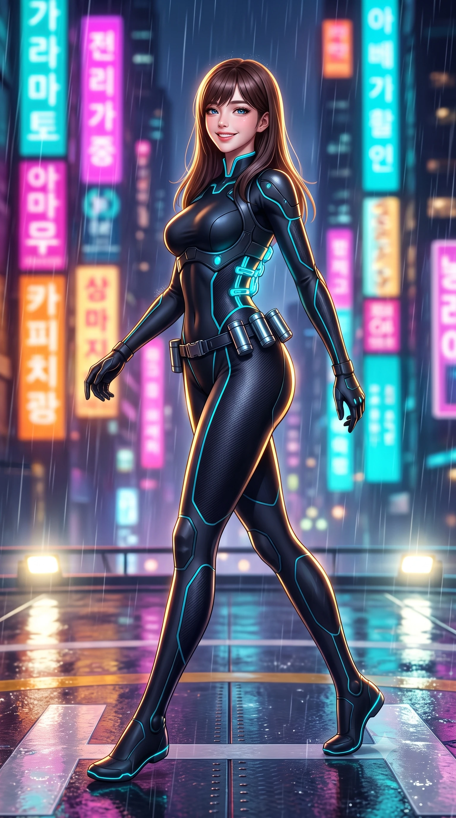 score_9, masterpiece, best quality, ultra-detailed, high-budget anime keyframe, semi-realistic 3D game render, editorial fashion photography, tasteful artistic composition, Korean woman. low angle full-body shot from head to toe showing her feet, filling the entire 9:16 vertical frame with her statuesque presence, stretching her vertical silhouette. striding forward gracefully across the reflective metal deck in mid-motion with a radiant beaming smile, hips swaying in an alluring kinetic rhythm that accentuates her curvy hourglass silhouette and long slender legs while walking dynamically across the wet tarmac while glancing back, her tailored combat suit hugging her curves in the neon-lit downpour. The background shows a soft-focus towering futuristic Neo-Seoul mega-skyscrapers with vertical Korean holographic billboards blurred into magenta, amber, and laser turquoise bokeh. She has an absolutely perfect, statuesque 8.5-heads proportion, an exceptionally tall and slender model-like female figure with impossibly long slender legs, an ultra-slim waist, a flat toned midriff, narrow delicate ribcage, and beautifully sculpted feminine hips creating a graceful, slim hourglass silhouette without any bulky heaviness. sharp v-shaped jawline, high-bridge nose, intricate jewel-like sparkling eyes with depth, thick eyelashes, glossy parted lips with a natural sheen, bright confident smile with an enchanting and coquettish sensual glint, exuding both youthful magnetic charm and sovereign high-tech allure, flawlessly proportioned anatomical accuracy, strict slender model proportions, natural body alignment, perfectly sculpted long slender limbs, ultra-slim waistline, clean dynamic posture without body distortion. wearing a form-contouring exo-suit chassis with glowing cyan hydraulic spine braces worn over an ultra-slim bodysuit in matte obsidian black and glowing neon cyan trim, crafted from lightweight aerodynamic matte carbon-fiber weave with structural stiffness, accented with a sleek utility belt with polished magnetic canisters resting loosely on her curvy hips, the high-waisted tailoring accentuating her ultra-slim waistline and the enchanting curve of her feminine hips with alluring dark charm. illuminated by helipad floodlights and sharp golden rim lights defining her sculpted collarbones, ultra-slim waist, and curvy hips. highly saturated vibrant anime colors, detailed shading with soft gradients, rich glossy textures, high-contrast stereoscopic depth, volumetric dynamic lighting, master piece, 9:16 ratio