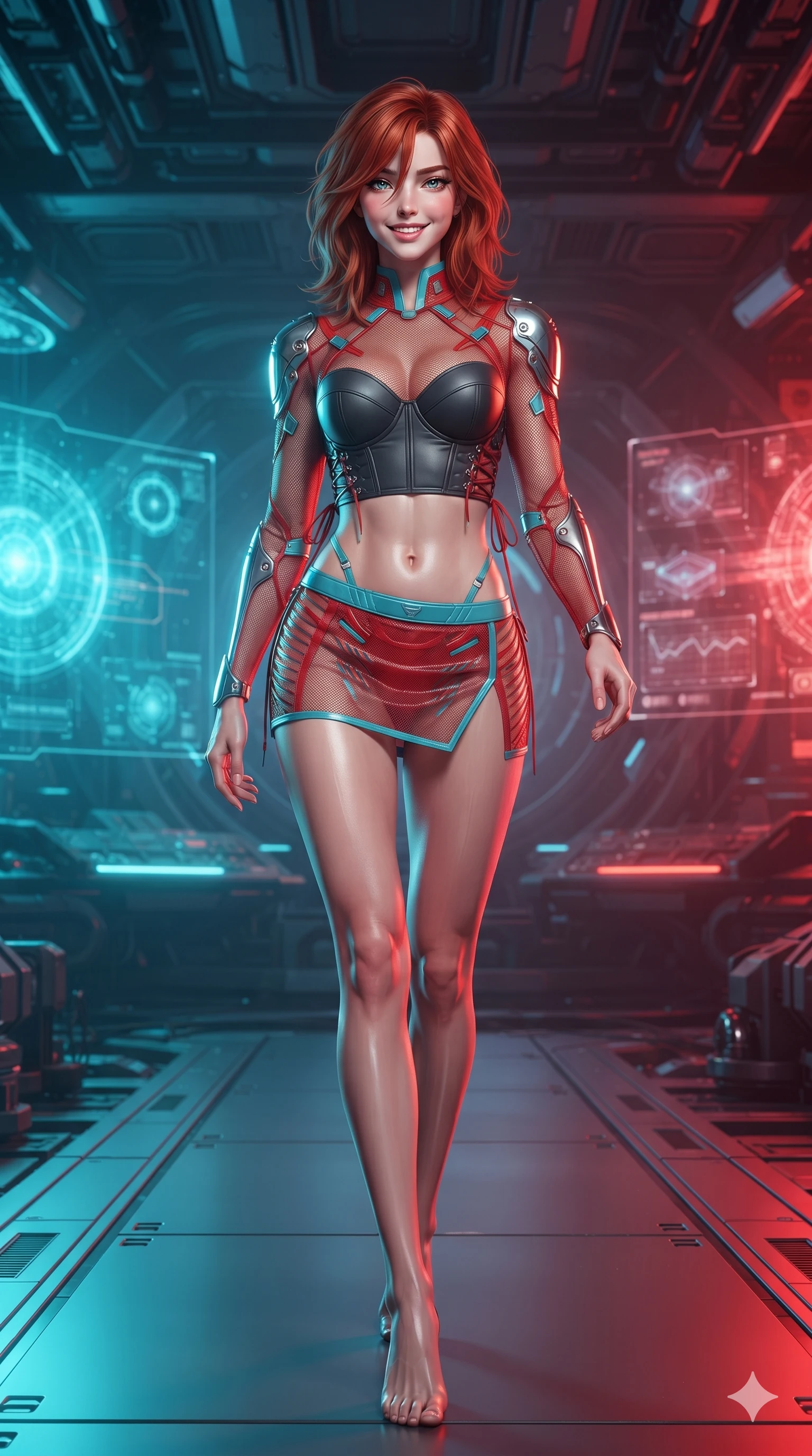 score_9, masterpiece, best quality, ultra-detailed, high-budget anime keyframe, editorial fashion photography, tasteful artistic composition, Korean woman. low angle full-body shot from head to toe showing her feet, filling the entire 9:16 vertical frame with her statuesque presence, stretching her vertical silhouette. stepping forward in a confident stride along the catwalk, her long slender legs and curvaceous hips creating a dynamic, sweeping vertical line while twisting her slender torso in an alluring S-curve, the dramatic split of cool blue relativistic light and warm crimson fire carving her flat midriff and hourglass curves. The surrounding environment is rendered in vivid detail and crisp panoramic clarity: intricate second-skin suit texture, laser-cut ventilation slits, and advanced astrophysical machinery in razor-sharp precision. She has an absolutely perfect, statuesque 8.5-heads proportion, an exceptionally tall and slender model-like female figure with impossibly long slender legs, an ultra-slim waist, a flat toned midriff, narrow delicate ribcage, and beautifully sculpted feminine hips creating a graceful, slim hourglass silhouette without any bulky heaviness. sharp v-shaped jawline, high-bridge nose, intricate jewel-like sparkling eyes with depth, thick eyelashes, glossy parted lips with a natural sheen, bright confident smile with an enchanting and coquettish sensual glint, exuding both youthful magnetic charm and sovereign high-tech allure, flawlessly proportioned anatomical accuracy, strict slender model proportions, natural body alignment, perfectly sculpted long slender limbs, ultra-slim waistline, clean dynamic posture without body distortion. wearing a sculpted matte carbon underwire crop bustier with lace-up side ties paired with a low-rise micro skirt in cyber-shinto vermilion and laser turquoise, crafted from sheer technical cyber-lace reinforced with ultra-thin Kevlar threads, accented with strategically placed chrome armor plate guards covering key curves, the impeccably tailored cut draping gracefully along her slender figure with aristocratic poise. bathed in dramatic split relativistic lighting: blazing electric cyan on the approaching side and fiery crimson on the receding side. ultra-reflective glossy finish, specular highlights, rich textural contrasts, high-contrast stereoscopic depth, volumetric dynamic lighting, 2k, ultra detail, master piece, 9:16 ratio