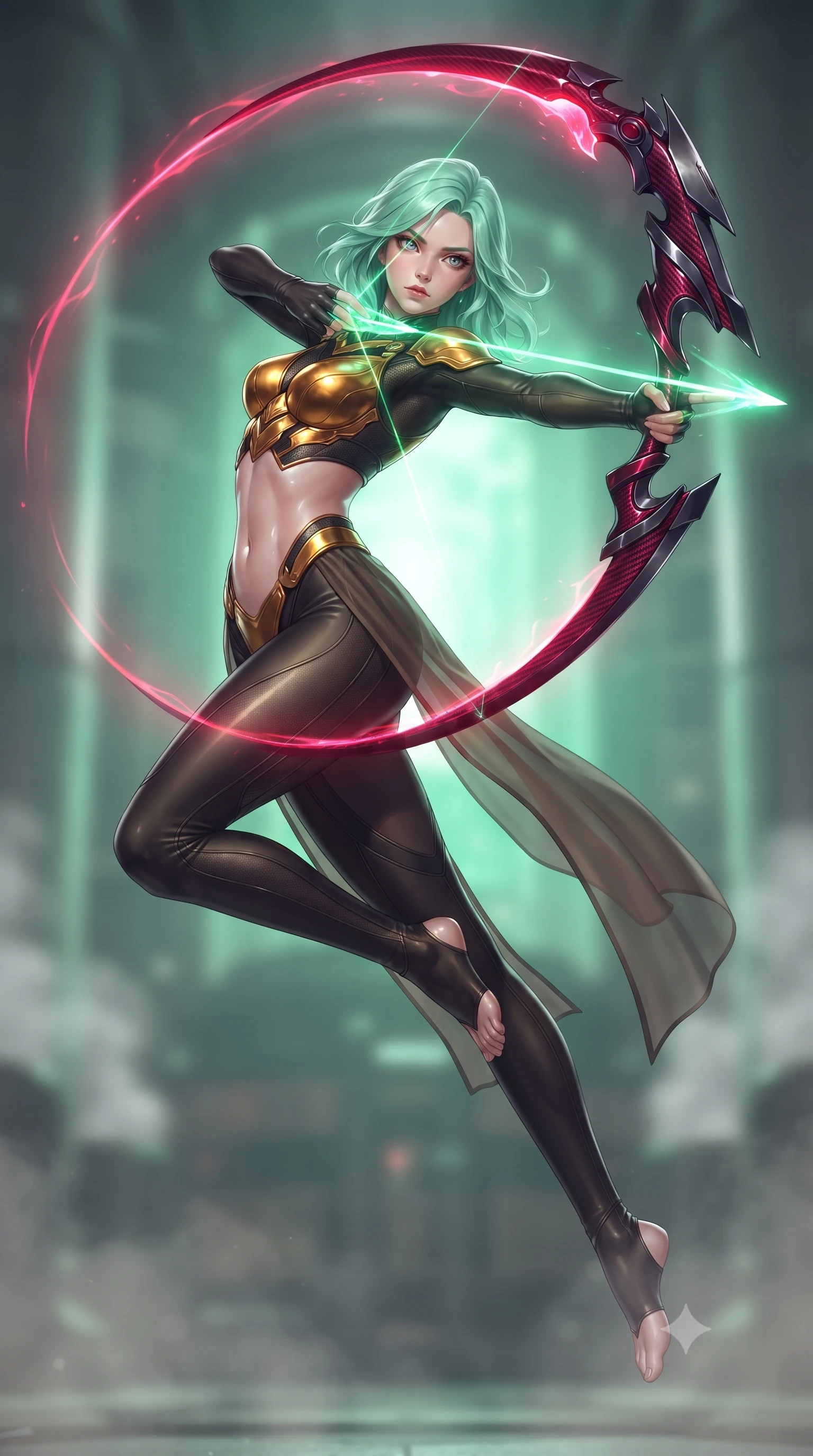 score_9, masterpiece, best quality, ultra-detailed, high-budget anime keyframe, editorial fashion photography, tasteful artistic composition, Japanese woman. low angle full-body shot from head to toe showing her feet, filling the entire 9:16 vertical frame with her statuesque presence, stretching her vertical silhouette. arching her back gracefully in mid-air during a dynamic combat vault, her weapon energy trail framing her statuesque presence while pivoting dynamically as a pure photon arrow forms in her fingers, casting radiant green light across her sculpted flat midriff. The composition keeps background elements in soft focus with creamy bokeh. industrial reactor support pillars and steam condensation vents softened in dreamy atmospheric depth. She has an absolutely perfect, statuesque 8.5-heads proportion, an exceptionally tall and slender model-like female figure with impossibly long slender legs, a toned flat midriff, and an ultra-slim waist. sharp v-shaped jawline, high-bridge nose, intricate jewel-like eyes with depth, thick eyelashes, glossy lips with a natural sheen, flawlessly proportioned anatomical accuracy, strict slender model proportions, natural body alignment, perfectly sculpted long slender limbs, ultra-slim waistline, clean dynamic posture without body distortion. wearing a sculpted molten-gold and dark carbon cuirass paired with high-mobility combat leggings and sheer side drapes, wielding a glowing plasma energy scythe with fluid grace in deep crimson carbon weave with specular dark chrome accents, crafted from ultra-strong woven carbon-fiber composite with a satin luster, detailed with magnetic weapon holsters and polished chrome connection clasps, the glove-like aerodynamic second-skin fit tightly clinging to her ultra-slender waist and athletic curves without adding bulk, accentuating her razor-sharp statuesque lines and slim hourglass silhouette. bathed in intense radiant emerald crystal core backlighting and glowing photon bow illumination. ultra-reflective glossy finish, specular highlights, dark metallic sheen, high-contrast stereoscopic depth, volumetric dynamic lighting, 2k, ultra detail, master piece, 9:16 ratio
