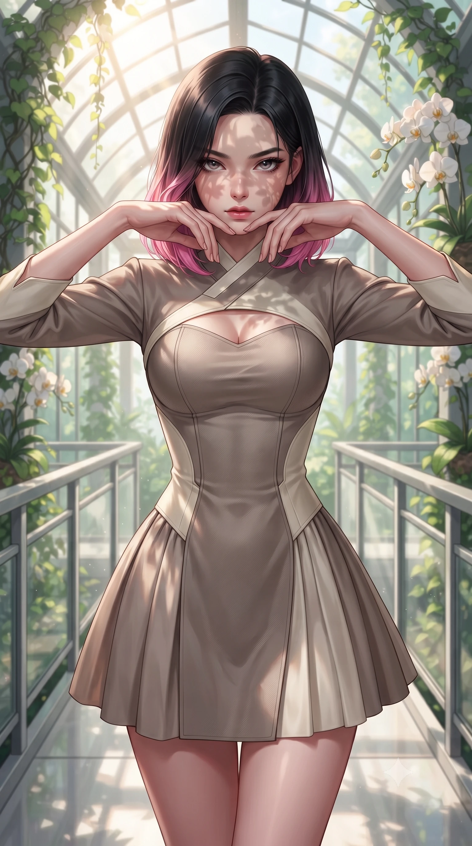 score_9, masterpiece, best quality, ultra-detailed, high-budget anime keyframe, editorial fashion photography, tasteful artistic composition, Korean woman. close-up cowboy shot from the waist and thighs up, the character dominates the composition, filling the frame with her large presence, background elements kept in soft focus. Resting her chin on the backs of her fingers, casting a sharp, mysterious gaze walking along a platinum-framed glass walkway in a sunlit botanical dome, lush green vines and white orchids framing the bright architectural backdrop. She has an exceptionally elegant, slender, and willowy female figure with an ultra-slim waist, a gracefully sculpted slender torso, and a refined silhouette. sharp v-shaped jawline, high-bridge nose, intricate jewel-like eyes with depth, thick eyelashes, glossy lips with a natural sheen. wearing a modern fusion silk hanbok dress with a structured bodice in muted taupe and soft ivory, made of fine carbon-fiber weave and soft matte leather, accented with a Tasteful chest slit framing her clavicle gracefully, the form-contouring material highlighting her ultra-slim waist and long lines. illuminated by brilliant sunbeams casting organic leaf stencil shadows. highly saturated vibrant anime colors, detailed shading with soft gradients, rich glossy textures, high-contrast stereoscopic depth, volumetric dynamic lighting, master piece, 9:16 ratio