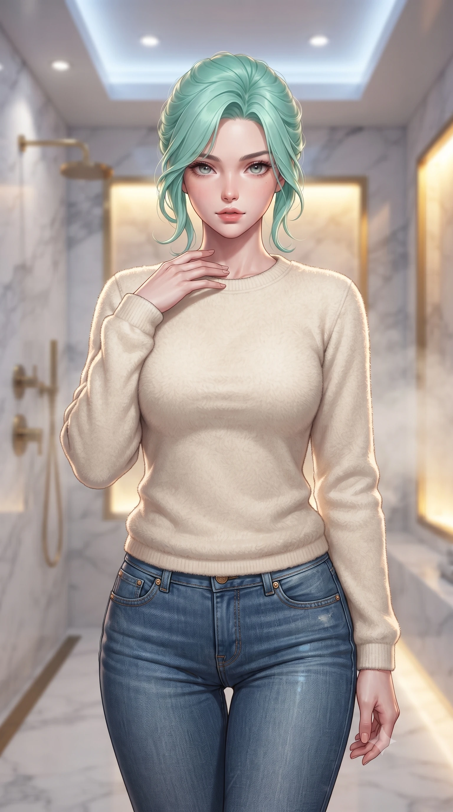 score_9, masterpiece, best quality, ultra-detailed, high-budget anime keyframe, editorial fashion photography, tasteful artistic composition, Japanese woman woman. close-up cowboy shot from the waist and thighs up, the character dominates the composition, filling the frame with her large presence, background elements kept in soft focus. standing with one hand resting on her collarbone, looking at the viewer with bedroom-eyes the background shows a soft-focus a spacious steam shower room built of white Carrara marble and gold brass fixtures. She has an exceptionally elegant, slender, and willowy female figure with an ultra-slim waist, a gracefully sculpted slender torso, and a refined silhouette. sharp v-shaped jawline, high-bridge nose, intricate jewel-like eyes with depth, thick eyelashes, glossy lips with a natural sheen. wearing a slim-fit cozy cream fleece sweater over blue denim jeans. cool ambient ceiling light contrasting with the warm glow from the steam panels. ultra-reflective glossy finish, specular highlights, metallic sheen, high-contrast stereoscopic depth, volumetric dynamic lighting, 2k, ultra detail, master piece, 9:16 ratio