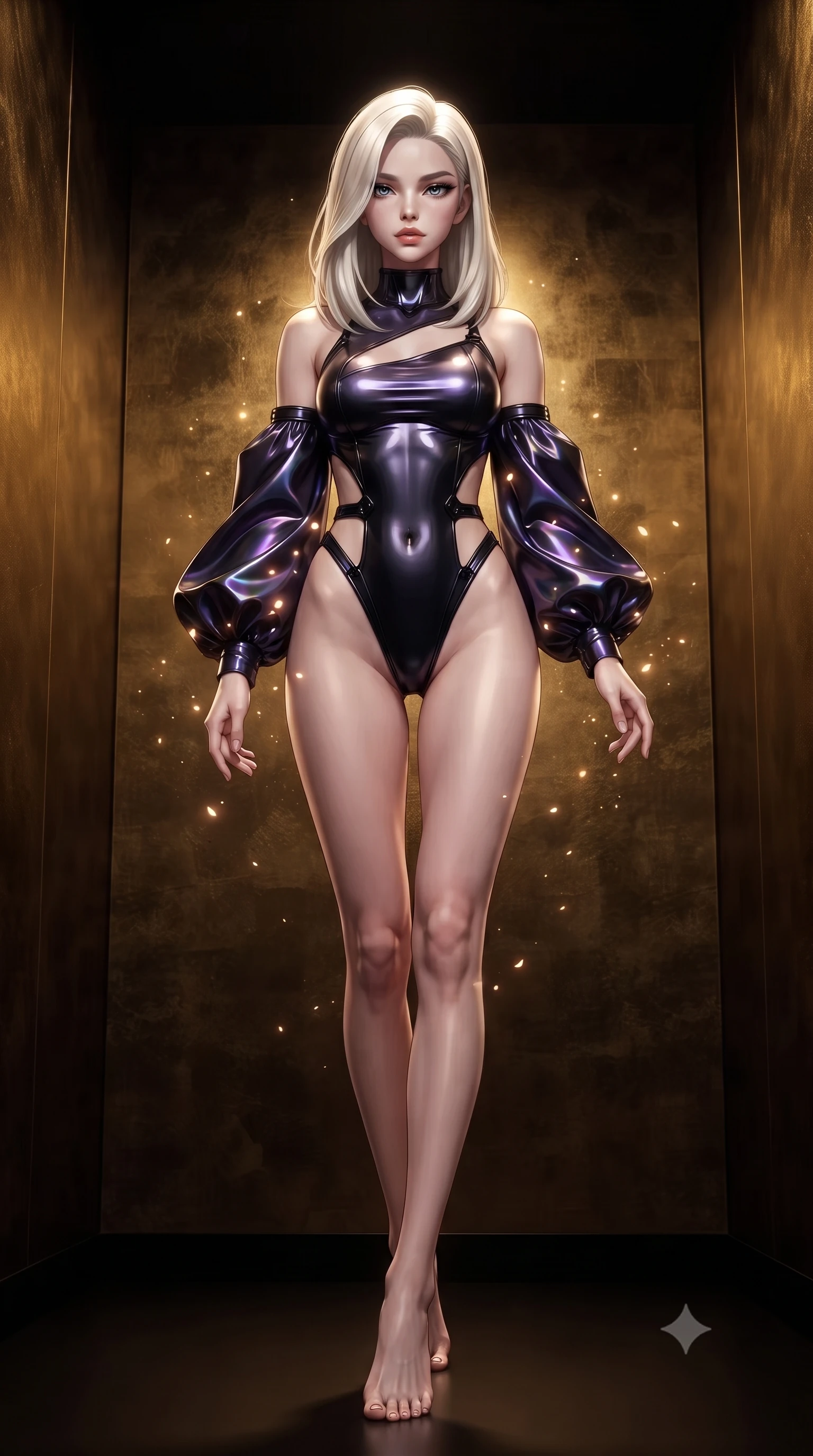 score_9, masterpiece, best quality, ultra-detailed, high-budget anime keyframe, editorial fashion photography, tasteful artistic composition, Caucasian woman. low angle full-body shot from head to toe showing her feet, filling the entire 9:16 vertical frame with her statuesque presence, stretching her vertical silhouette. interacting with glowing light particles, her long slender legs poised in motion, standing in a private VIP lounge lined with hand-hammered gold-leaf walls, single warm key spotlight tracing every curve of her ultra-slim waist. She has an absolutely perfect, statuesque 8.5-heads proportion, an exceptionally tall and slender model-like female figure with impossibly long slender legs and an ultra-slim waist. sharp v-shaped jawline, high-bridge nose, intricate jewel-like eyes with depth, thick eyelashes, glossy lips with a natural sheen. wearing asymmetric high-cut cyber-bodysuit with detached sleeves in onyx black in pitch-black onyx, made of iridescent dark violet taffeta, adorned with minimalist black onyx hardware framing the silhouette, accentuating her gracefully sculpted slender torso. surrounded by a regal gold and black ambiance with crisp rim lights. ultra-reflective glossy finish, specular highlights, metallic sheen, high-contrast stereoscopic depth, volumetric dynamic lighting, 2k, ultra detail, master piece, 9:16 ratio