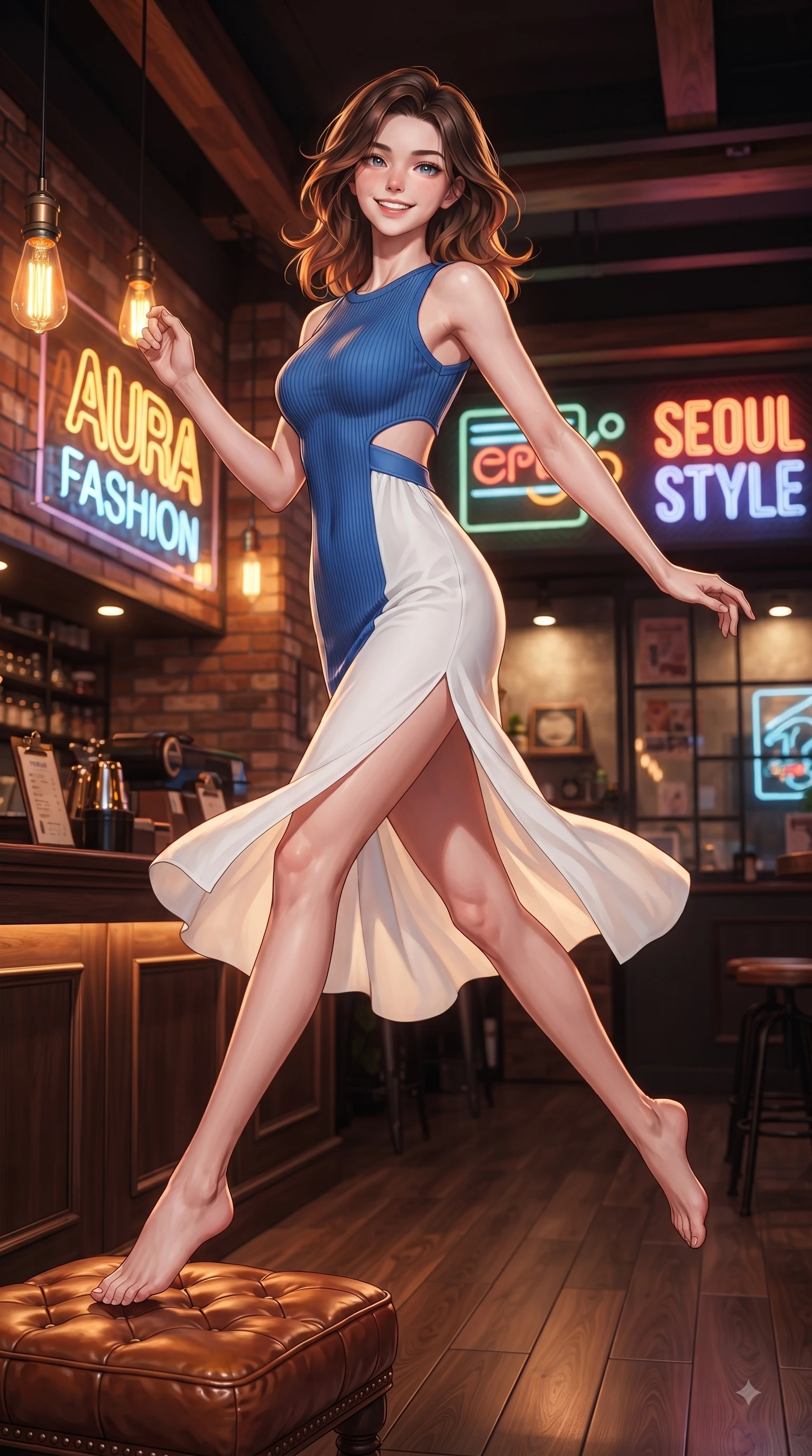score_9, masterpiece, best quality, ultra-detailed, high-budget anime keyframe, editorial fashion photography, tasteful artistic composition, Korean woman. low angle full-body shot from head to toe showing her feet, filling the entire 9:16 vertical frame with her statuesque presence, stretching her vertical silhouette. leaping with pure youthful energy through the scene with a radiant bright smile, her long slender legs balanced gracefully while resting on a leather stool under warm amber lamps with a cozy, happy expression. The surrounding environment is rendered in vivid detail and crisp panoramic clarity. warm amber Edison bulb lamps, neon signage, and polished wood textures in deep focus. She has an absolutely perfect, statuesque 8.5-heads proportion, an exceptionally tall and slender model-like female figure with impossibly long slender legs and an ultra-slim waist. sharp v-shaped jawline, high-bridge nose, intricate jewel-like eyes with depth, thick eyelashes, glossy lips with a natural sheen, flawlessly proportioned anatomical accuracy, natural body alignment, perfectly sculpted elegant limbs, clean dynamic posture without body distortion. wearing a form-fitting ribbed knit midi dress with a tasteful side leg slit in vibrant cobalt blue and crisp snow white, crafted from lightweight fluid chiffon, complemented by clean architectural cutouts along her slender torso, the tailored fabric tightly following every curve of her athletic build. bathed in warm golden amber lamp glow and retro neon rim light. ultra-reflective glossy finish, specular highlights, metallic sheen, high-contrast stereoscopic depth, volumetric dynamic lighting, 2k, ultra detail, master piece, 9:16 ratio