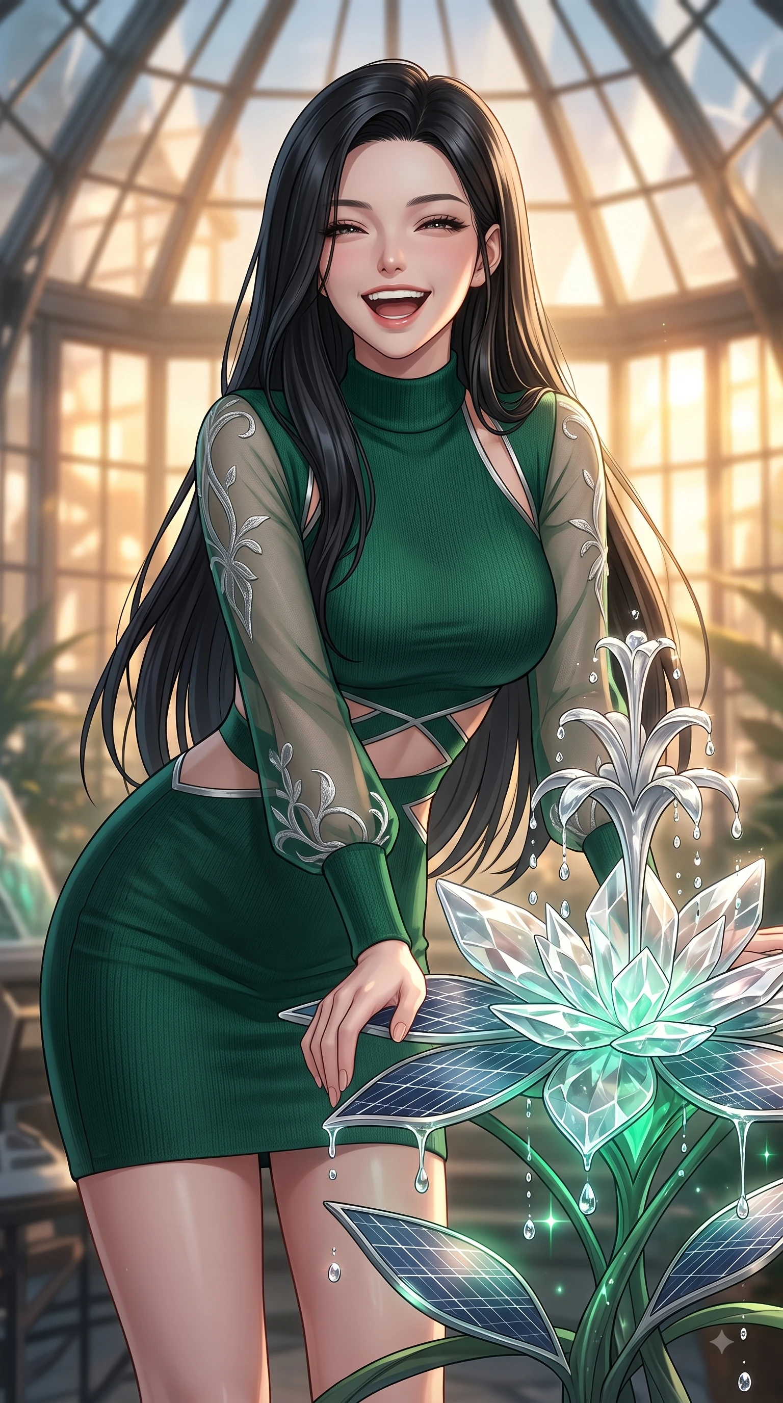 score_9, masterpiece, best quality, ultra-detailed, high-budget anime keyframe, editorial fashion photography, tasteful artistic composition, Korean woman. close-up cowboy shot from the waist and thighs up, the character dominates the composition, filling the frame with her large presence, background elements kept in soft focus. Joyful laughing expression filled with genuine happiness and warmth, leaning forward with cheerful energy while resting cheerfully near a solar-powered crystal flower as warm sunlight streams through glass, translucent water droplets cascading down platinum fountains with sparkling luster. She has an exceptionally elegant, slender, and willowy female figure with an ultra-slim waist, a gracefully sculpted slender torso, and a refined silhouette. sharp v-shaped jawline, high-bridge nose, intricate jewel-like eyes with depth, thick eyelashes, glossy lips with a natural sheen, flawlessly proportioned anatomical accuracy, natural body alignment, perfectly sculpted elegant limbs, clean dynamic posture without body distortion. wearing a sleek bodycon knit dress with strategic sheer organza sleeve panels in deep emerald green and silver accent, crafted from iridescent chiffon that shifts colors in the light, featuring subtle geometric cutouts that highlight her ultra-slim midriff, the glove-like fit emphasizing her statuesque silhouette during motion. bathed in warm golden sunlight and bright emerald bioluminescent glow. highly saturated vibrant anime colors, detailed shading with soft gradients, rich glossy textures, high-contrast stereoscopic depth, volumetric dynamic lighting, master piece, 9:16 ratio