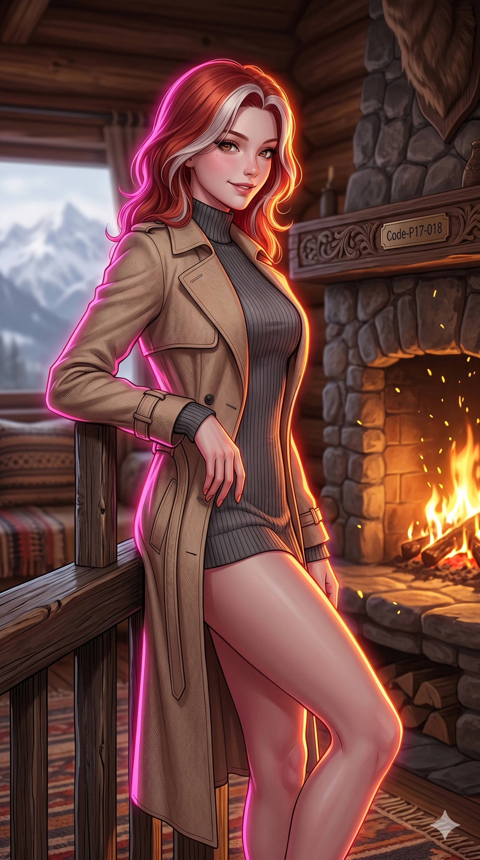 score_9, masterpiece, best quality, ultra-detailed, high-budget anime keyframe, editorial fashion photography, tasteful artistic composition, Caucasian woman, strictly human ears. cowboy shot from the thighs up, character and outfit filling the frame for maximum editorial presence. resting her elbow on the railing, looking over her shoulder with a playful, teasing smile inside a cozy mountain cabin beside a crackling hearth with floating embers (Code-P17-018). She has an absolutely perfect 8-heads proportion, an exceptionally tall and slender female figure with impossibly long slender legs and an ultra-slim waist. V-shaped jawline, high-bridge nose, intricate jewel-like eyes with depth, thick eyelashes, glossy lips with a natural sheen. wearing a high-neck long-sleeved knit sweater under a structured trench coat. intense pink and orange neon rim lights, outlining her 8-heads proportion and slim waist. 2k, ultra detail, master piece, 9:16 ratio