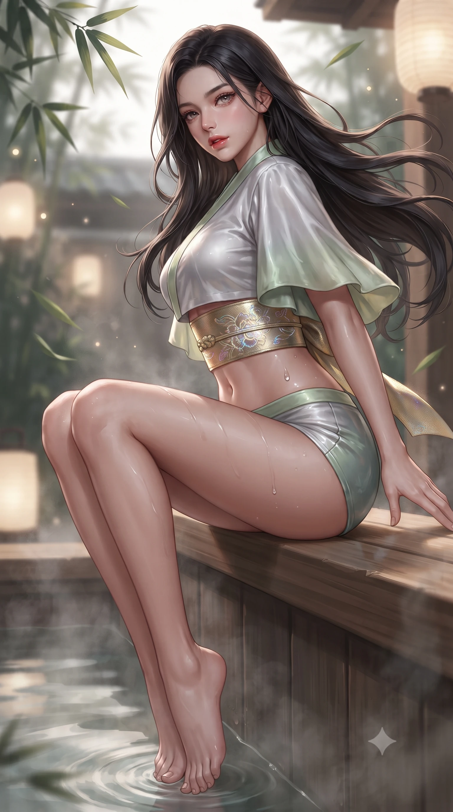 score_9, masterpiece, best quality, ultra-detailed, high-budget anime keyframe, editorial fashion photography, tasteful artistic composition, Korean woman. low angle full-body shot from head to toe showing her feet, filling the entire 9:16 vertical frame with her statuesque presence, stretching her vertical silhouette. sitting perched on the elevated edge with hips angled toward the camera and legs crossed, displaying her toned midriff and flawlessly sculpted slender limbs while perching on the smooth cedar wood rim of a steaming outdoor footbath, water droplets beading on her hip as she glances back with parted glossy lips. The composition keeps background elements in soft focus with creamy bokeh. drifting bamboo leaves and glowing lantern light rays scattering soft luminous light motes. She has an absolutely perfect, statuesque 8.5-heads proportion, an exceptionally tall and slender model-like female figure with impossibly long slender legs, a toned flat midriff, an ultra-slim waist, and beautifully sculpted feminine hips. sharp v-shaped jawline, high-bridge nose, intricate jewel-like eyes with depth, thick eyelashes, glossy parted lips with a natural sheen, intensely captivating and seductive bedroom-eyes expression, flawlessly proportioned anatomical accuracy, strict slender model proportions, natural body alignment, perfectly sculpted long slender limbs, ultra-slim waistline, clean dynamic posture without body distortion. wearing a modern shortened silk-yukata crop top with wide fluttering sleeves and low-slung swim shorts in moonlit silver and pale bamboo green, made of flexible second-skin stretch neoprene with specular wet sheen, complemented by a wide metallic gold obi sash with holographic floral embroidery, the second-skin form-contouring cut accentuating her sculpted flat midriff, narrow waistline, and dramatically curvy hips without adding bulk. illuminated by wet specular highlights accentuating her slender neckline, sculpted waist, and rounded hips. ultra-reflective glossy finish, specular highlights, rich textural contrasts, high-contrast stereoscopic depth, volumetric dynamic lighting, 2k, ultra detail, master piece, 9:16 ratio
