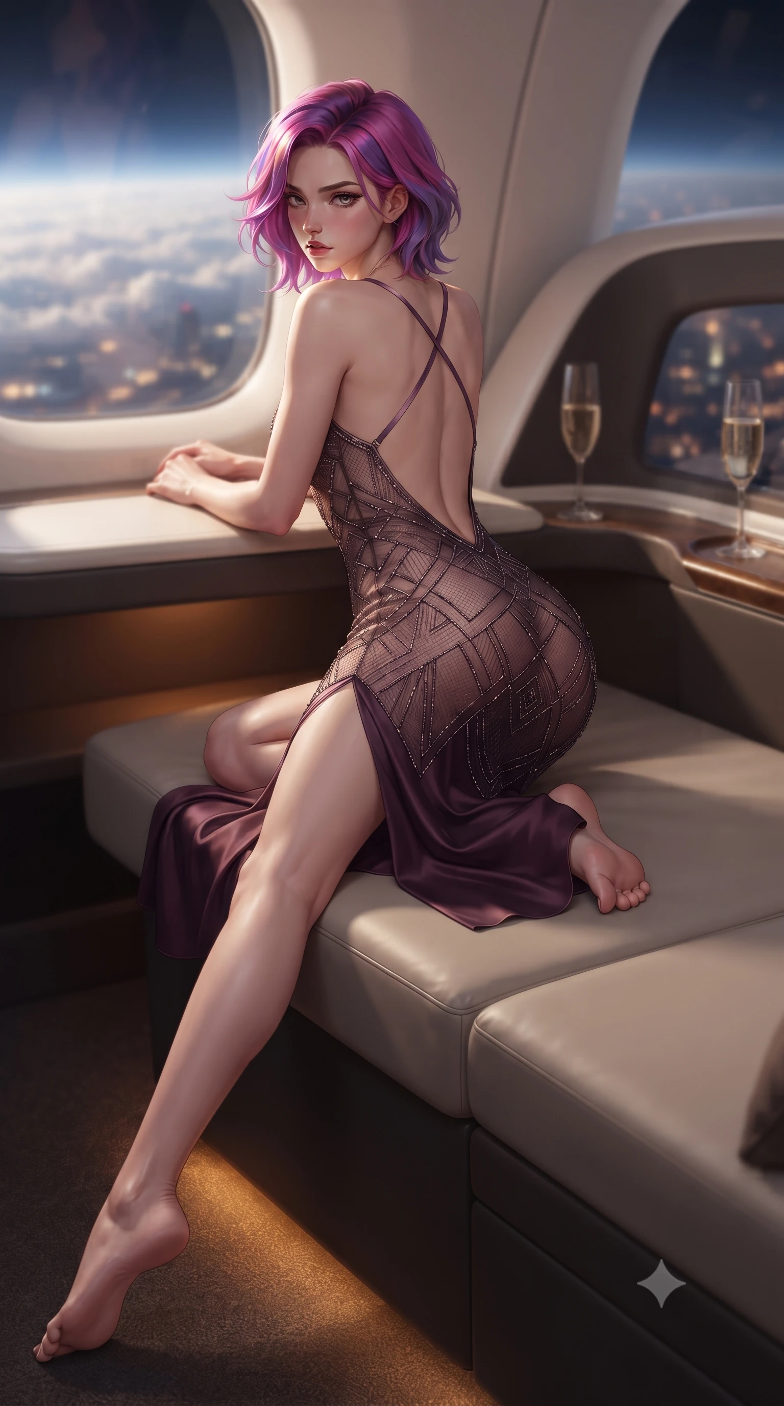 score_9, masterpiece, best quality, ultra-detailed, high-budget anime keyframe, editorial fashion photography, tasteful artistic composition, Caucasian woman. low angle full-body shot from head to toe showing her feet, filling the entire 9:16 vertical frame with her statuesque presence, stretching her vertical silhouette. posing with back turned slightly to the lens, glancing back with smoldering allure as she arches her lower back to emphasize her sculpted feminine hips and slender waist while reclining across the private sky-lounge sunbed, one slender leg extended to accentuate her willowy yet curvy silhouette above the cloud horizon. The composition keeps background elements in soft focus with creamy bokeh. sleek aerodynamic cabin bulkheads and champagne flutes softened in luxurious shallow focus. She has an exceptionally tall and slender model-like 8.5-heads proportion, an ultra-slim waist, a flat toned midriff, narrow delicate ribcage, and beautifully sculpted feminine hips creating a graceful, slim hourglass silhouette without any bulky heaviness, with impossibly long slender legs. sharp v-shaped jawline, high-bridge nose, intricate jewel-like eyes with depth, thick eyelashes, glossy parted lips with a natural sheen, intensely captivating and seductive bedroom-eyes expression, flawlessly proportioned anatomical accuracy, strict slender model proportions, natural body alignment, perfectly sculpted long slender limbs, ultra-slim waistline, clean dynamic posture without body distortion. wearing a sheer vintage mesh flapper dress adorned with intricate geometric beadwork over an opaque silk slip in deep plum violet and antique bronze, made of sheer contouring power-mesh with velvet flocking patterns, finished with criss-cross back satin straps highlighting her graceful shoulder blades, the dramatically scooped open back descending to the base of her spine, accentuating her razor-sharp statuesque lines and slim hourglass silhouette. illuminated by warm amber floor mood lights sharply defining her sculpted collarbones, flat midriff, and rounded hips. ultra-reflective glossy finish, specular highlights, rich textural contrasts, high-contrast stereoscopic depth, volumetric dynamic lighting, 2k, ultra detail, master piece, 9:16 ratio