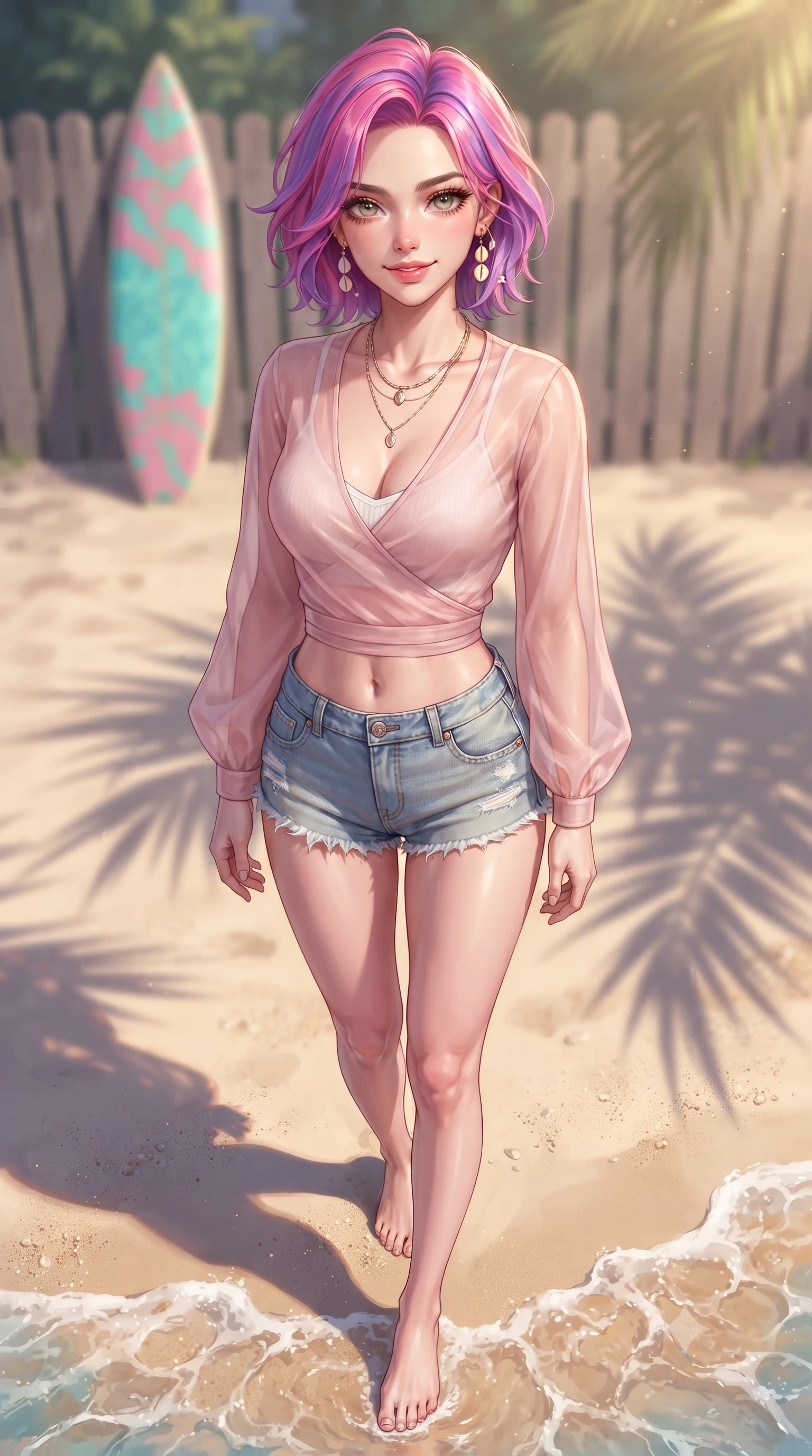 score_9, masterpiece, best quality, ultra-detailed, high-budget anime keyframe, editorial fashion photography, tasteful artistic composition, Caucasian woman. close-up cowboy shot from the waist and thighs up, the character dominates the composition, filling the frame with her large presence, background elements kept in soft focus. smiling cutely with an air of effortless superiority and magnetic charm set against a soft-focus background of on a sunny sandy beach with small waves washing over her feet with a surfboard resting against a wooden fence in soft focus behind her. She has an exceptionally elegant, slender, and willowy female figure with an ultra-slim waist, a gracefully sculpted slender torso, and a refined silhouette. sharp v-shaped jawline, high-bridge nose, intricate jewel-like eyes with depth, thick eyelashes, glossy lips with a natural sheen. wearing body-hugging sheer organza wrap top over a slim-fit knit bralette and low-cut linen shorts. soft late afternoon sunbeams casting long shadows of palm leaves on the sand. highly saturated vibrant anime colors, detailed shading with soft gradients, rich glossy textures, high-contrast stereoscopic depth, volumetric dynamic lighting, master piece, 9:16 ratio