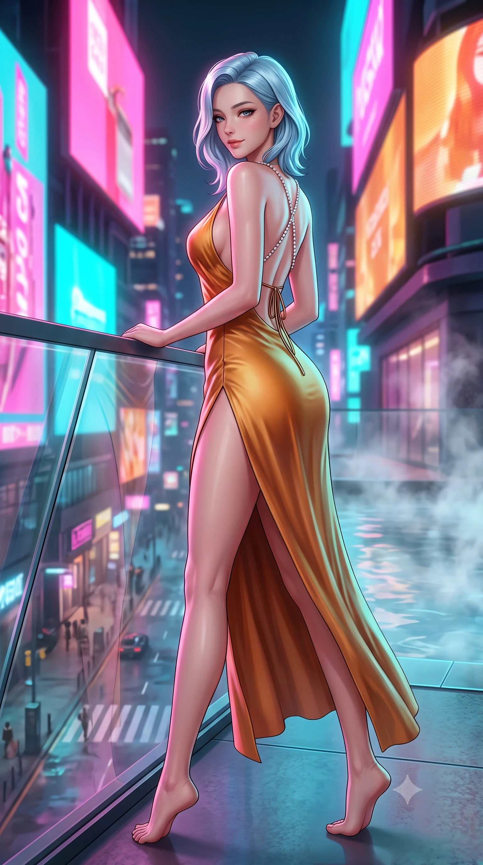score_9, masterpiece, best quality, ultra-detailed, high-budget anime keyframe, semi-realistic 3D game render, editorial fashion photography, tasteful artistic composition, Korean woman. low angle full-body shot from head to toe showing her feet, filling the entire 9:16 vertical frame with her statuesque presence, stretching her vertical silhouette. walking along the terrace with poise, looking back over her bare shoulder with an irresistible smoldering bedroom-gaze while leaning against the outward-canted glass with hips cocked back, looking down through steaming thermal water at the bustling neon streets. The background shows a soft-focus rising thermal water vapor softened in cinematic cyberpunk luxury shallow focus. She has an absolutely perfect, statuesque 8.5-heads proportion, an exceptionally tall and slender model-like female figure with impossibly long slender legs, an ultra-slim waist, a flat toned midriff, narrow delicate ribcage, and beautifully sculpted feminine hips creating a graceful, slim hourglass silhouette without any bulky heaviness. sharp v-shaped jawline, high-bridge nose, sparkling eyes with hypnotic seductive depth, thick curled eyelashes, glossy parted lips with a natural dewy peach sheen, alluring bedroom-eyes with an enchanting coquettish smile, exuding magnetic siren charisma and sophisticated glamour, flawlessly proportioned anatomical accuracy, strict slender model proportions, natural body alignment, perfectly sculpted long slender limbs, ultra-slim waistline, clean dynamic posture without body distortion. wearing a plunging cowl-neck liquid cashmere-silk slip gown with daring hip-high double slits and delicate back ties in warm amber honey and antique gold leaf, crafted from fluid liquid silk satin that clings smoothly to every curve with a dewy sheen, accented with a pearl-drop body harness subtly framing her dewy collarbones and spine, the high-slit wrap tailoring accentuating her ultra-slim waistline and the enchanting curve of her feminine hips with alluring seductive charm. bathed in dynamic shifting saturated neon pink, cyan, and amber light projected horizontally from monumental electronic billboards. highly saturated vibrant anime colors, detailed shading with soft gradients, rich glossy textures, high-contrast stereoscopic depth, volumetric dynamic lighting, master piece, 9:16 ratio