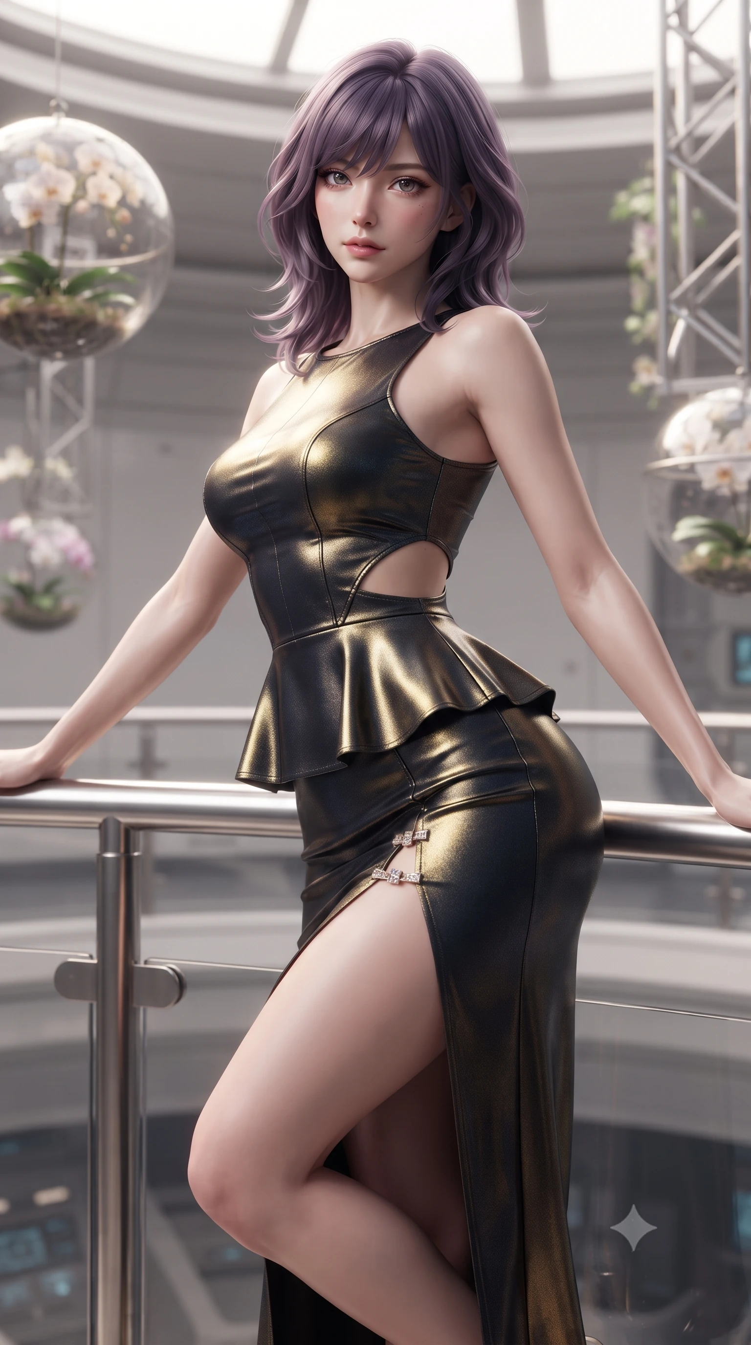 score_9, masterpiece, best quality, ultra-detailed, high-budget anime keyframe, editorial fashion photography, tasteful artistic composition, Japanese woman. close-up cowboy shot from the waist and thighs up, the character dominates the composition, filling the frame with her large presence. leaning forward against the polished railing with her hips cocked back, creating an intoxicating curve from her narrow waist to sculpted hips as she gazes back into the lens while leaning back against the observation dome bulkhead with hips cocked, casting an alluring, sovereign bedroom-gaze past floating zero-G orchid spheres. The composition keeps background elements in soft focus with creamy bokeh. suspended zero-gravity botanical spheres and titanium truss frames softened in glamorous sci-fi shallow focus. She has an exceptionally elegant, slender, and willowy female figure with an ultra-slim waist, flat toned midriff, narrow ribcage, and sculpted feminine hips creating an alluring, slim hourglass silhouette without bulk. sharp v-shaped jawline, high-bridge nose, intricate jewel-like eyes with depth, thick eyelashes, glossy parted lips with a natural sheen, intensely captivating and seductive bedroom-eyes expression, flawlessly proportioned anatomical accuracy, strict slender model proportions, natural body alignment, perfectly sculpted long slender limbs, ultra-slim waistline, clean dynamic posture without body distortion. wearing a modern peplum corset dress with side-waist diamond cutouts and an ultra-tight silhouette in midnight obsidian black and liquid gold, crafted from luxurious metallic lamé that shifts radiance with every step, finished with an ultra-high side slit secured by miniature jeweled clasps, the liquid-tight tailored fabric clinging flawlessly to her narrow waist and rounded feminine hips, emphasizing every millimeter of her sculpted slim hourglass curves without any bulky heaviness. illuminated by crisp directional planetary light sharply defining her sculpted collarbones, ultra-slim waist, and curvy hips. ultra-reflective glossy finish, specular highlights, rich textural contrasts, high-contrast stereoscopic depth, volumetric dynamic lighting, 2k, ultra detail, master piece, 9:16 ratio