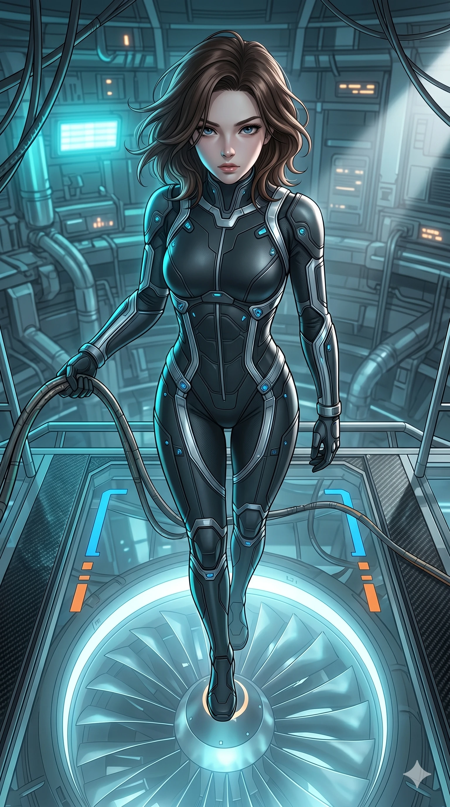 score_9, masterpiece, best quality, ultra-detailed, high-budget anime keyframe, Korean woman. Upper body close-up from the thighs up, character filling the screen for maximum presence. Standing on a zero-gravity catwalk, looking down at a giant turbine, holding onto a cable, looking toward the camera with an intense gaze. She is wearing a sleek tech-jumpsuit with dark matte panels and reflective silver piping. The scene is bathed in cool cyan strobe lights and a sharp white key light. 2k, ultra detail, master piece, 9:16 ratio