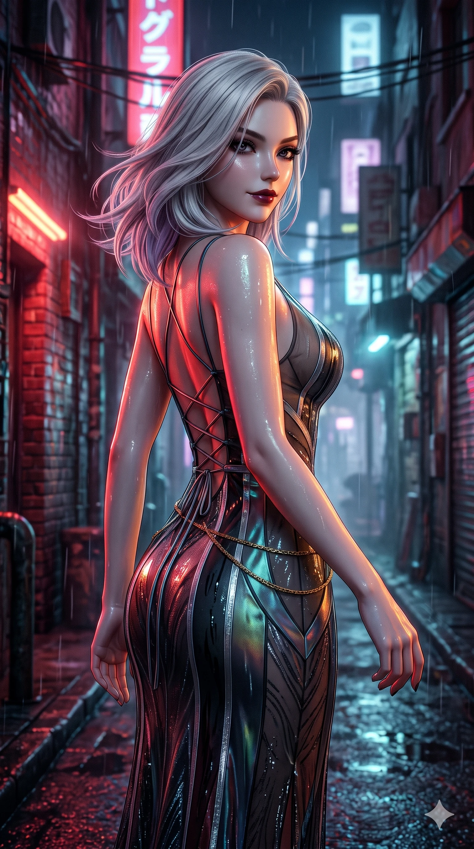 score_9, masterpiece, best quality, ultra-detailed, high-budget anime keyframe, semi-realistic 3D game render, editorial fashion photography, tasteful artistic composition, Caucasian woman. close-up cowboy shot from the waist and thighs up, the character dominates the composition, filling the frame with her large presence. twisting her slender torso in a deep contrapposto stance, hips dramatically shifted to accentuate her feminine curves while looking past her shoulder with smoldering bedroom-eyes while stepping forward out of the misty alley shadows with hypnotic poise, hips swaying in an alluring supermodel rhythm. The background shows a soft-focus nocturnal Tokyo alleyway softened in atmospheric rain shallow focus. She has an exceptionally elegant, slender, and willowy female figure with an ultra-slim waist, flat toned midriff, narrow ribcage, and sculpted feminine hips creating an alluring, slim hourglass silhouette without bulk. sharp v-shaped jawline, high-bridge nose, intricate jewel-like dark sparkling eyes with dangerous depth, thick curled eyelashes, glossy parted lips with a rich wine sheen, smoldering seductive half-smile with bedroom-eyes, exuding effortless superiority and intoxicating dark allure, flawlessly proportioned anatomical accuracy, strict slender model proportions, natural body alignment, perfectly sculpted long slender limbs, ultra-slim waistline, clean dynamic posture without body distortion. wearing a plunge-front sheer illusion tulle slip dress with liquid platinum ribbon stripes hugging her curves in iridescent petroleum beetle-sheen and deep graphite, featuring fine criss-cross satin back lacing tracing her slender spine, finished with a delicate gold snake chain belt resting loosely across her curvy hips, the bespoke structured tailoring following the natural line of her 8.5-heads silhouette with refined elegance. bathed in high-saturation multi-hued neon reflections bouncing off wet alley walls and glistening skin. highly saturated vibrant anime colors, detailed shading with soft gradients, rich glossy textures, high-contrast stereoscopic depth, volumetric dynamic lighting, master piece, 9:16 ratio