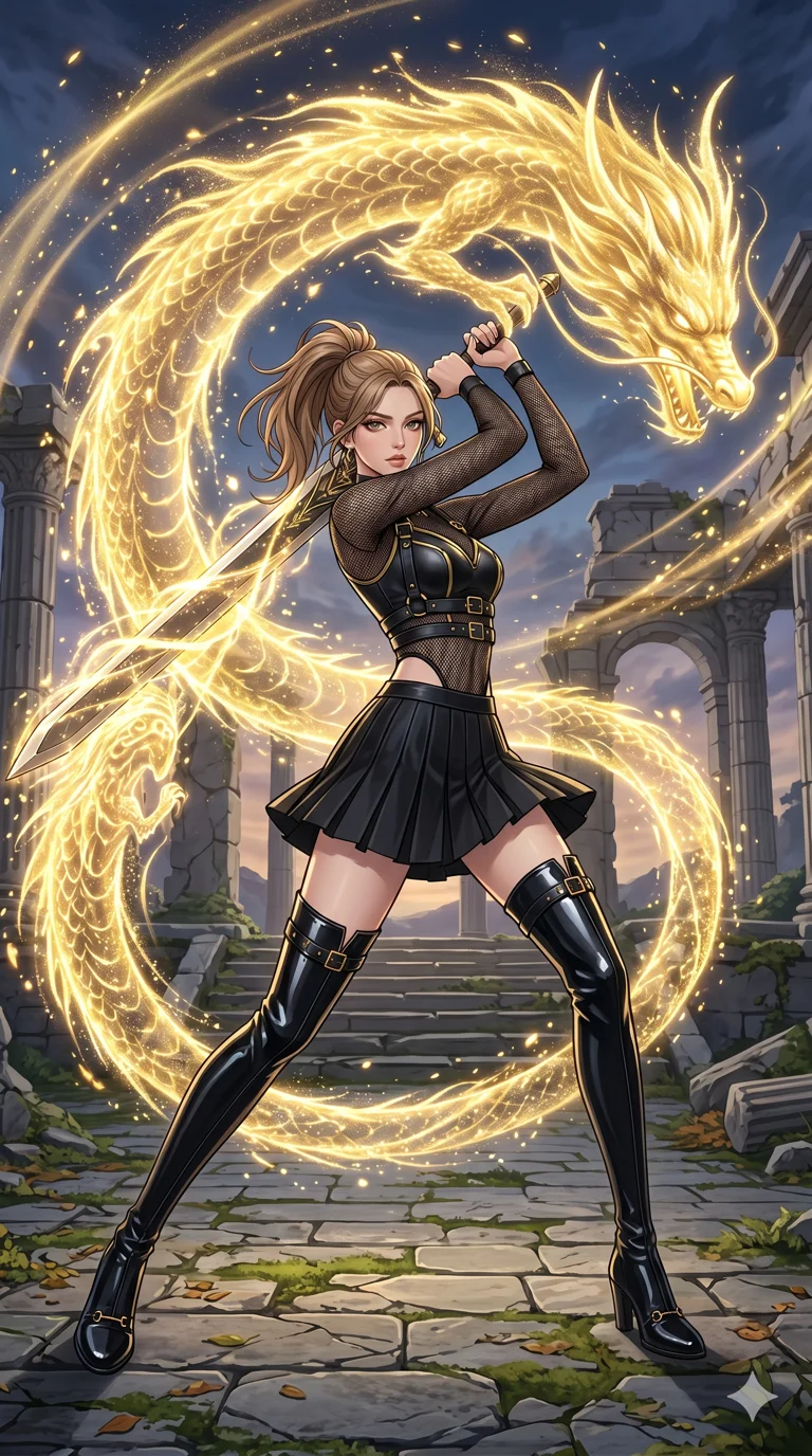 score_9, masterpiece, best quality, ultra-detailed, High-budget Anime Keyframe, beautiful Caucasian anime girl (strictly human ears). Low angle cowboy shot filling the entire 9:16 frame with her statuesque presence. Swinging a heavy broadsword that erupts into a massive, spiraling golden dragon made of pure sword-ki. She has an absolutely perfect 8-heads proportion, an exceptionally tall and slender female figure with impossibly long slender legs and an ultra-slim waist. Sharp v-shaped jawline, high-bridge nose, intricate jewel-like eyes with depth, thick eyelashes, glossy lips with a natural sheen. Wearing a K-Idol Stage outfit: gold-trimmed leather harness over a black mesh bodysuit and thigh-high patent boots. Background is a ruined temple courtyard with swirling golden scales and brilliant light particles. 2k, ultra detail, master piece, 9:16 ratio