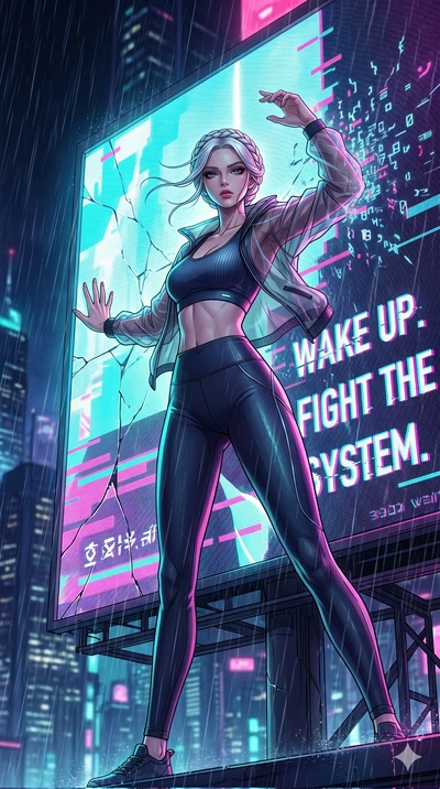 score_9, masterpiece, best quality, ultra-detailed, high-budget anime movie keyframe, cinematic anime lighting, intricate line art, Korean woman. Low angle cowboy shot capturing a powerful motion and statuesque presence. hacking a giant billboard to 