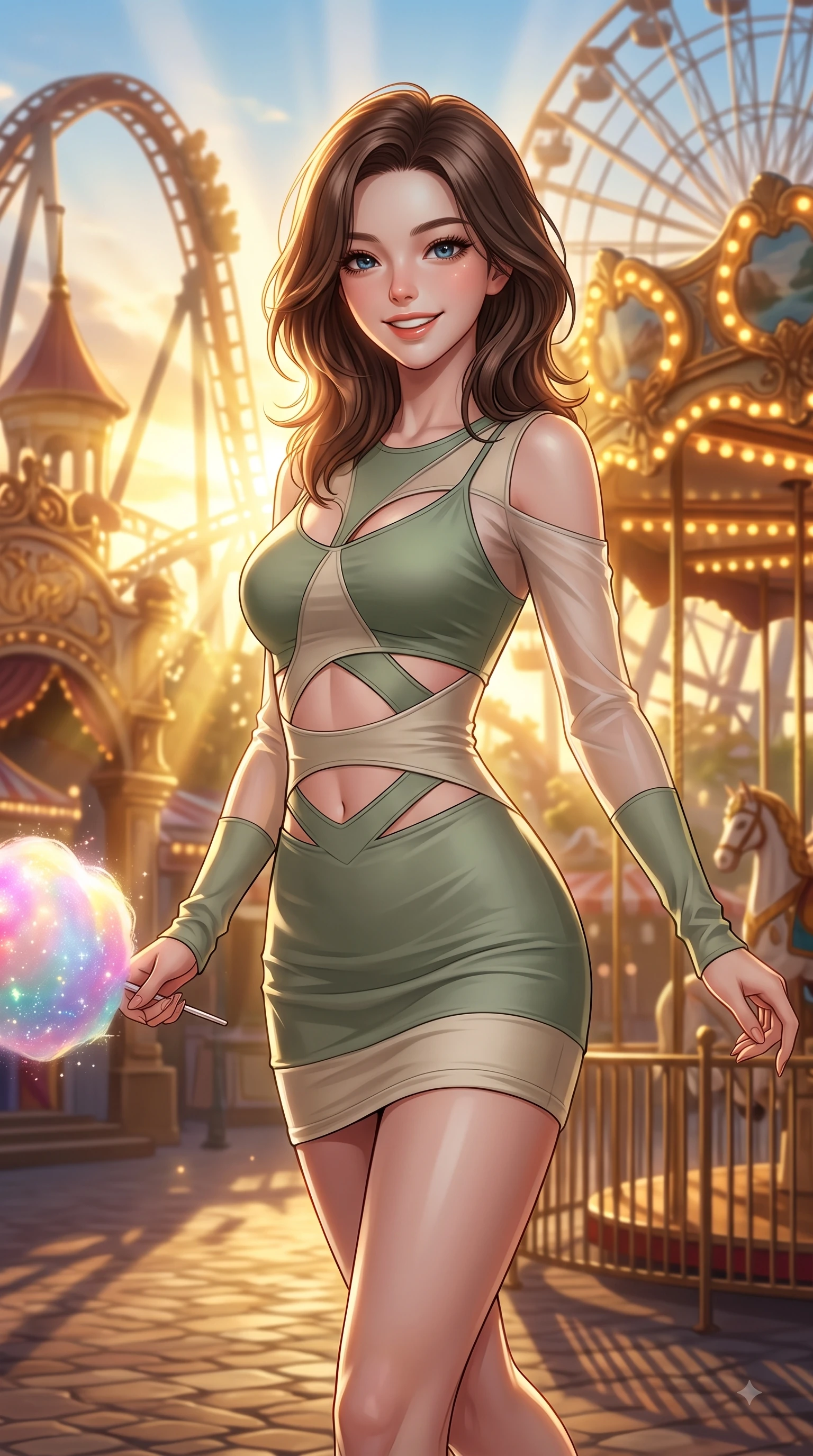 score_9, masterpiece, best quality, ultra-detailed, high-budget anime keyframe, editorial fashion photography, tasteful artistic composition, Korean woman. close-up cowboy shot from the waist and thighs up, the character dominates the composition, filling the frame with her large presence, background elements kept in soft focus. Enchanting happy smile, her eyes twinkling like jewels in the bright sunlight as one arm reaches out playfully while pivoting in a cheerful dynamic stride with a cotton candy orb in hand and beaming eyes, golden hour sunbursts filtering through theme park structures in magical beams. She has an exceptionally elegant, slender, and willowy female figure with an ultra-slim waist, a gracefully sculpted slender torso, and a refined silhouette. sharp v-shaped jawline, high-bridge nose, intricate jewel-like eyes with depth, thick eyelashes, glossy lips with a natural sheen, flawlessly proportioned anatomical accuracy, natural body alignment, perfectly sculpted elegant limbs, clean dynamic posture without body distortion. wearing a sleek bodycon knit dress with strategic sheer organza sleeve panels in sage green and oatmeal, crafted from smooth liquid silk, featuring subtle geometric cutouts that highlight her ultra-slim midriff, the glove-like fit emphasizing her statuesque silhouette during motion. bathed in glorious golden hour sunbeams and warm amber carousel lamp radiance. highly saturated vibrant anime colors, detailed shading with soft gradients, rich glossy textures, high-contrast stereoscopic depth, volumetric dynamic lighting, master piece, 9:16 ratio