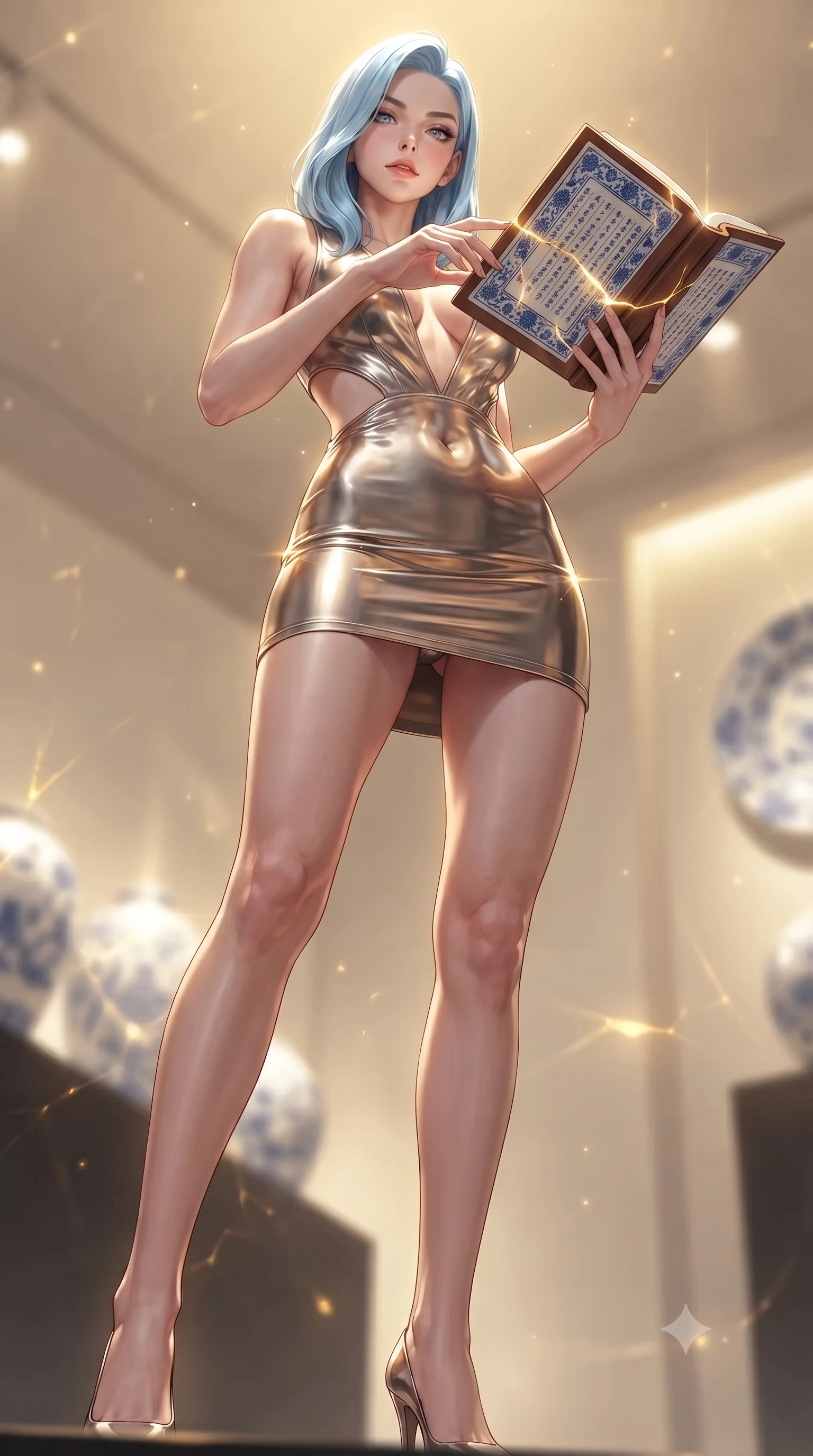 score_9, masterpiece, best quality, ultra-detailed, high-budget anime keyframe, editorial fashion photography, tasteful artistic composition, Korean woman. low angle full-body shot from head to toe showing her feet, filling the entire 9:16 vertical frame with her statuesque presence, stretching her vertical silhouette. navigating the luminous space with effortless poise, displaying her perfect model proportions inspecting a fine ceramic manuscript decorated with cobalt blue ink patterns, polished dark wood and white ceramic textures contrasting elegantly. She has an absolutely perfect, statuesque 8.5-heads proportion, an exceptionally tall and slender model-like female figure with impossibly long slender legs and an ultra-slim waist. sharp v-shaped jawline, high-bridge nose, intricate jewel-like eyes with depth, thick eyelashes, glossy lips with a natural sheen. wearing a liquid mercury gloss mini dress with ultra-deep plunging V-neck and dramatic waist cutouts, the tailored fabric tightly following every curve of her athletic build. bathed in radiant golden kintsugi light radiating from ceramic cracks. ultra-reflective glossy finish, specular highlights, metallic sheen, high-contrast stereoscopic depth, volumetric dynamic lighting, 2k, ultra detail, master piece, 9:16 ratio