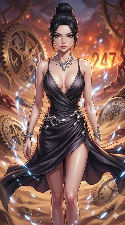 score_9, masterpiece, best quality, ultra-detailed, Set A: High-budget Anime Keyframe, Korean woman. Upper body close-up from the thighs up, character filling the screen for maximum presence. Walking gracefully through a clockwork desert, with a look