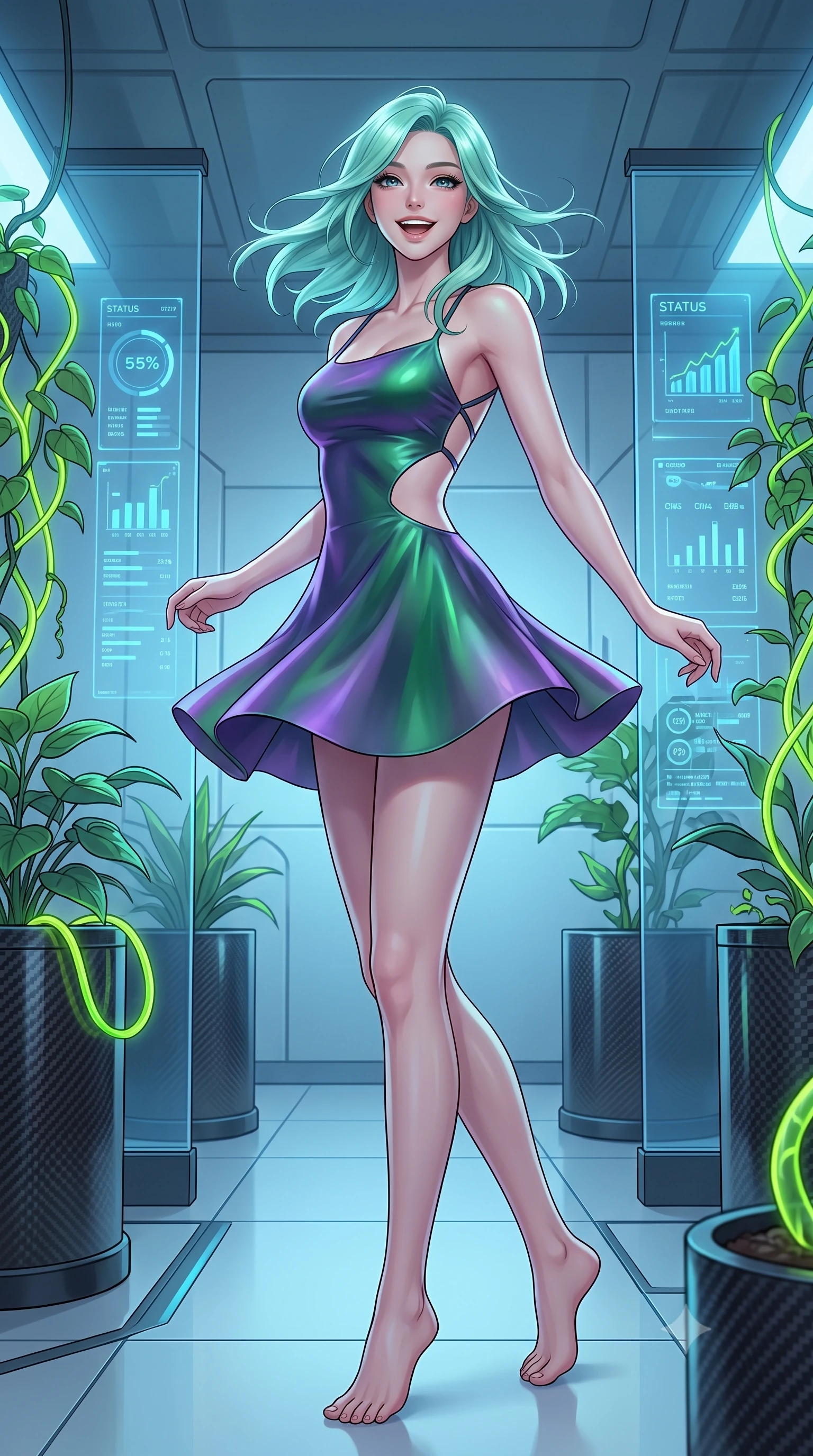 score_9, masterpiece, best quality, ultra-detailed, high-budget anime keyframe, editorial fashion photography, tasteful artistic composition, Japanese woman. low angle full-body shot from head to toe showing her feet, filling the entire 9:16 vertical frame with her statuesque presence, stretching her vertical silhouette. twirling with a bright, delighted laugh inside inside a high-tech botanical research laboratory with carbon-fiber pots, neon-vined plants, and blue status displays mapping their growth. She has a statuesque 8.5-heads proportion, an exceptionally tall, slender and willowy model-like build with impossibly long legs and a highly sculpted ultra-slim waist. sharp v-shaped jawline, high-bridge nose, intricate jewel-like eyes with depth, thick eyelashes, glossy lips with a natural sheen. wearing a bodycon mini dress in an iridescent forest green and violet gradient, with a waist cutout and a strappy back. cool blue light from the digital displays combined with warm neon green accents from the modified plants. 2k, ultra detail, master piece, 9:16 ratio
