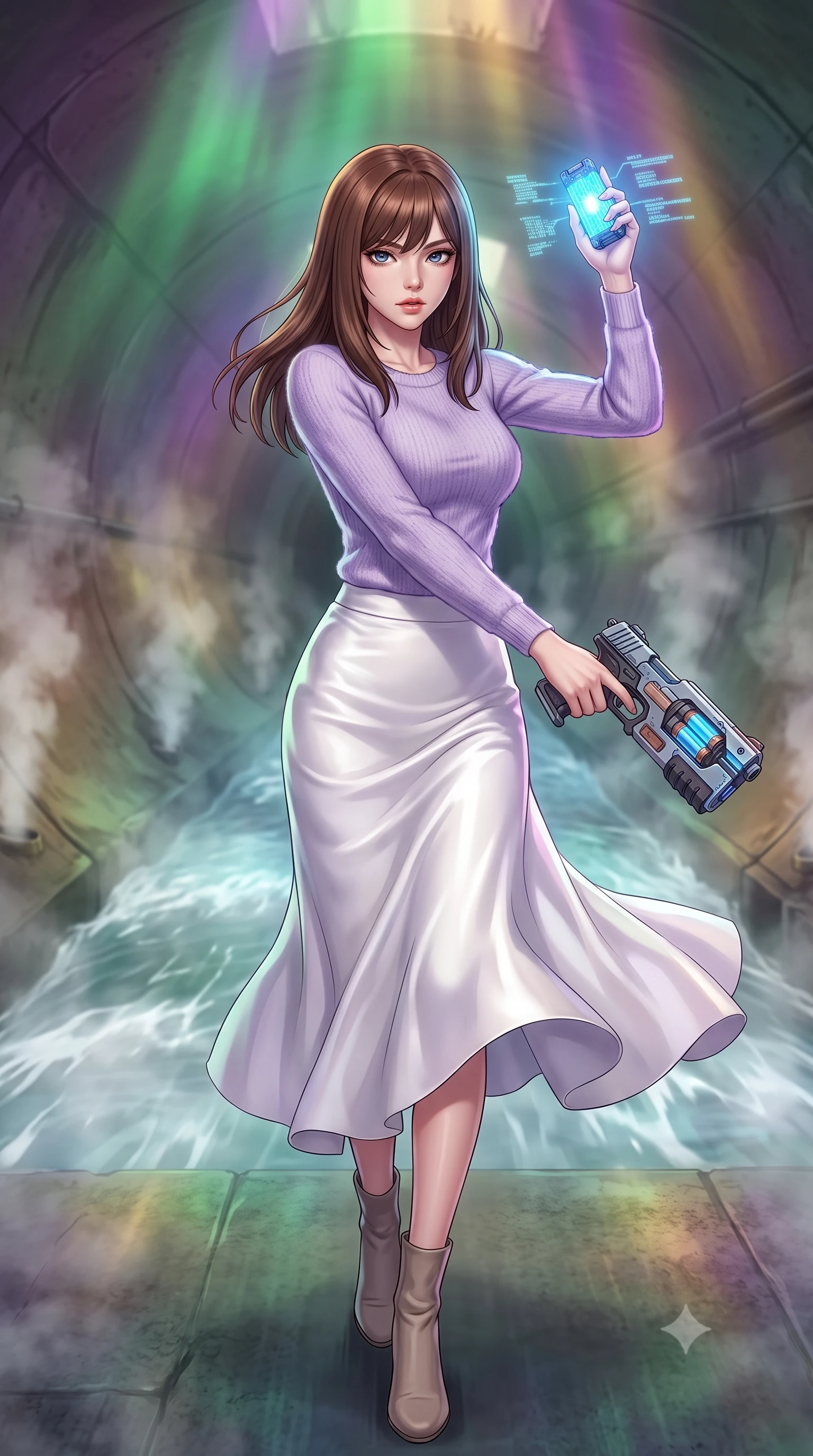 score_9, masterpiece, best quality, ultra-detailed, high-budget anime keyframe, editorial fashion photography, tasteful artistic composition, Korean woman. close-up cowboy shot from the waist and thighs up, the character dominates the composition, filling the frame with her large presence, background elements kept in soft focus. Holding a glowing data drive aloft while reloading a futuristic plasma pistol, ready for the next wave. set against a soft-focus background of a giant concrete sewer pipe, water rushing rapidly along the center while steam vents create a heavy fog. She has an exceptionally elegant and slender, willowy female figure with an ultra-slim waist, a gracefully sculpted slender torso, and a refined slim physique. sharp v-shaped jawline, high-bridge nose, intricate jewel-like eyes with depth, thick eyelashes, glossy lips with a natural sheen. wearing the lightweight fabric rippling and billowing dramatically with her movement, a slim-fit soft lavender mohair knit sweater paired with a flowing white satin midi skirt and taupe ankle boots. highly saturated vibrant anime colors, intense vivid color palette, soft 3D volumetric shading, volumetric dynamic lighting, illuminated by a shifting aurora palette of green violet and gold from above. 2k, ultra detail, master piece, 9:16 ratio