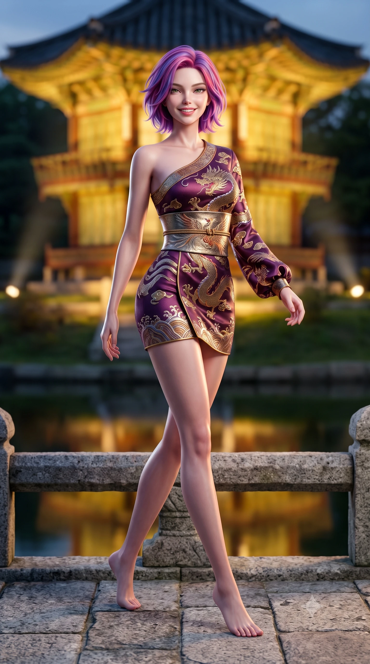 score_9, masterpiece, best quality, ultra-detailed, high-budget anime keyframe, semi-realistic 3D game render, editorial fashion photography, tasteful artistic composition, Caucasian woman. low angle full-body shot from head to toe showing her feet, filling the entire 9:16 vertical frame with her statuesque presence, stretching her vertical silhouette. stepping forward gracefully across the stone bridge in mid-motion with a radiant beaming smile, hips swaying in an alluring kinetic rhythm that accentuates her curvy hourglass silhouette and long slender legs while sitting poised on the stone steps of the island pavilion with legs crossed, her modern fusion hanbok trailing gracefully across ancient granite. The background shows a soft-focus the two-story hexagonal Hyangwonjeong pavilion illuminated in warm gold across still pond waters blurred into gold, jade, and dark obsidian bokeh. She has an absolutely perfect, statuesque 8.5-heads proportion, an exceptionally tall and slender model-like female figure with impossibly long slender legs, an ultra-slim waist, a flat toned midriff, narrow delicate ribcage, and beautifully sculpted feminine hips creating a graceful, slim hourglass silhouette without any bulky heaviness. sharp v-shaped jawline, high-bridge nose, intricate jewel-like dark sparkling almond eyes with depth, thick lashes, glossy parted lips with a natural rose-plum sheen, bright alluring and coquettish smile with bedroom-eyes, exuding both timeless oriental elegance and sovereign high-fashion allure, flawlessly proportioned anatomical accuracy, strict slender model proportions, natural body alignment, perfectly sculpted long slender limbs, ultra-slim waistline, clean dynamic posture without body distortion. wearing an asymmetric one-shoulder dragon-embroidered silk mini dress hugging her narrow waist and rounded feminine hips in rich plum violet and gilded bronze embroidery, woven from metallic gold and silver thread casting subtle starlight glints, finished with a wide metallic obi sash with intricate embroidered phoenix motifs, the form-fitting tailored bodice adhering flawlessly to her sculpted flat midriff and slender torso, emphasizing her long leg lines and perfectly proportioned willowy build. bathed in soft architectural spotlights illuminating the historic royal pavilion and dark waters. highly saturated vibrant anime colors, detailed shading with soft gradients, rich glossy textures, high-contrast stereoscopic depth, volumetric dynamic lighting, master piece, 9:16 ratio