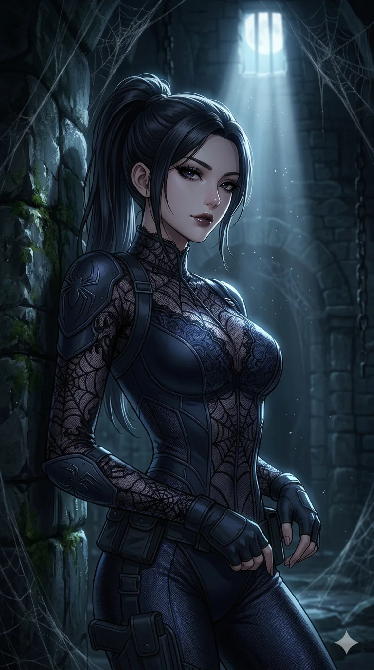 score_9, masterpiece, best quality, ultra-detailed, high-budget anime keyframe, an incredibly beautiful Korean woman. Medium shot of upper body focusing on her alluring features and slim-fit silhouette, filling the vertical 9:16 frame. She is a spider-silk assassin waiting in the shadows. She has an absolutely perfect 8-heads proportion, an exceptionally tall and slender female figure with impossibly long slender legs and an ultra-slim waist. Her face is a highly detailed masterpiece featuring a sharp v-shaped jawline, high-bridge nose, intricate jewel-like eyes, thick eyelashes, and glossy lips. She is wearing a sensual tight-fitting spiderweb lace bodysuit. A dark cobweb-filled dungeon with a single beam of moonlight, dramatic rim lighting., 2k, ultra detail, master piece, 9:16 ratio